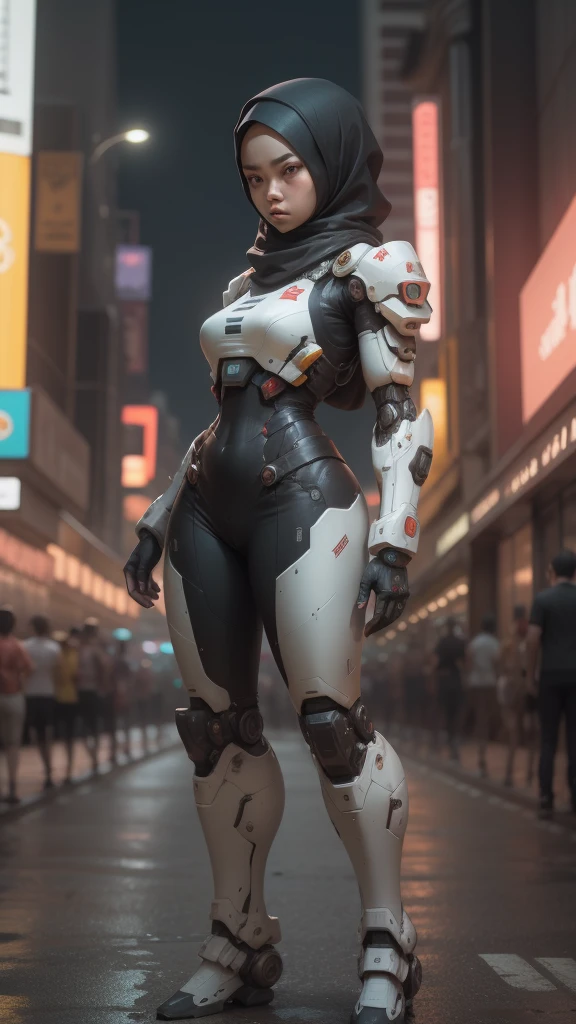 a malay teenage girl in hijab and mecha suit standing in action in front of bustling kuala lumpur malaysia city streets, serious face, nighttime, 35mm lens, Extreme close-up, pastel color grading, depth of field cinematography effect, film noir genre, 8k resolution, high quality, ultra detail