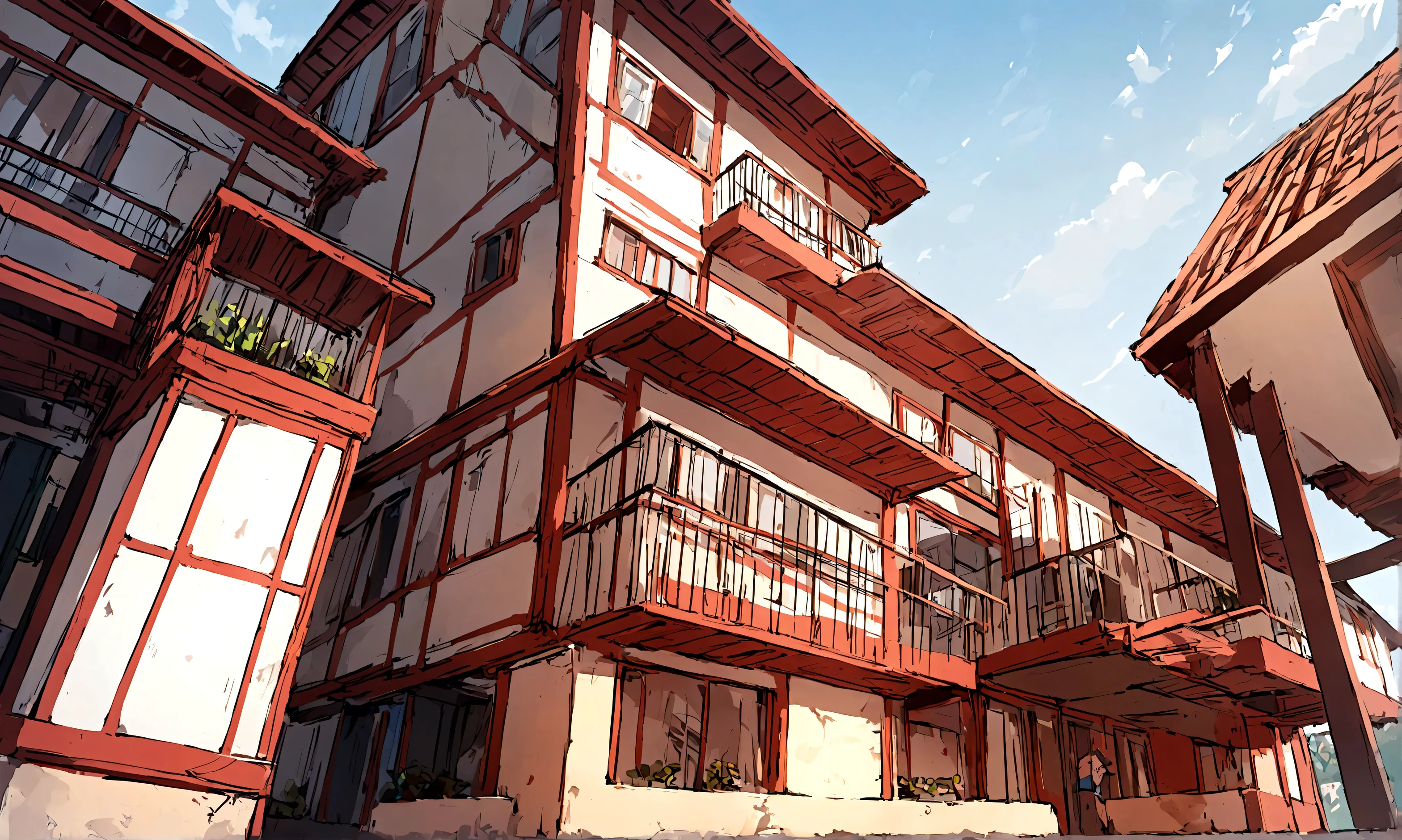 3-storey townhouse, sloping roof with red tiles, garden on the front of the 2nd floor, view from below, from afar, wide angle, morning, modern style