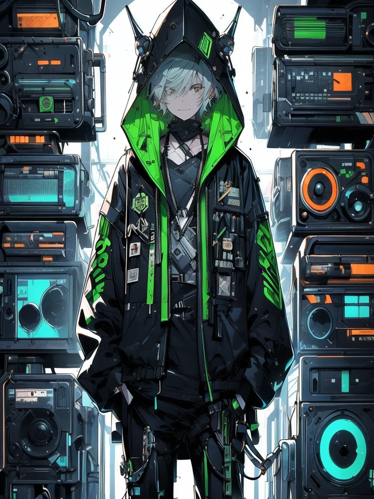 redraw this suit in high quality, detailed photo style on a white background,ouka_niji 5 girl beautiful inspired charlie bowater character cyberpunk- desenho no estilo de Mike Deotado, Androgynous niji 6 , man crazy smile, jacket, holding a neon black e blue, cube sticking --ar 9:16 --v 6.0, Ouka_Niji 5