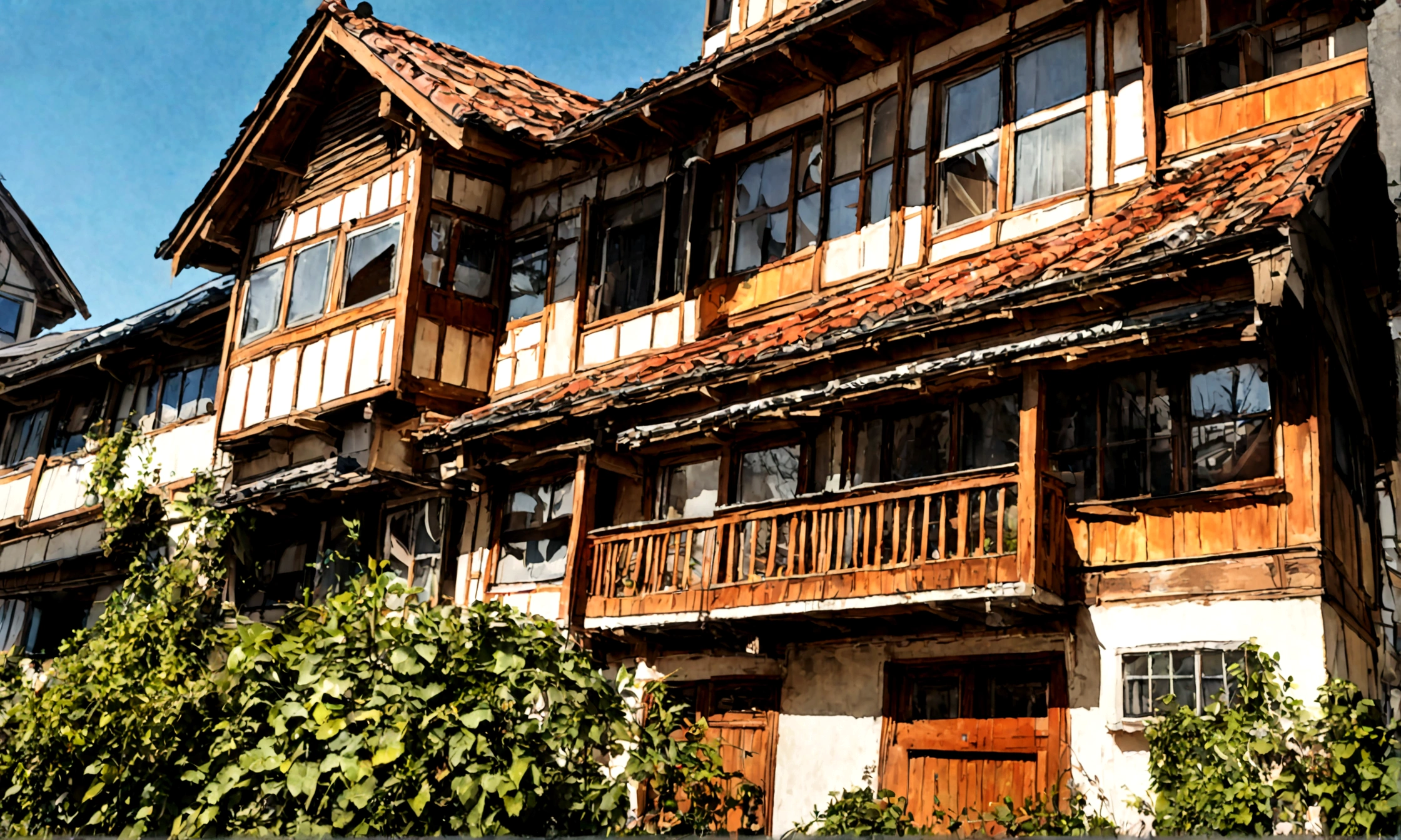 3-storey townhouse, sloping roof with red tiles, garden on the front of the 2nd floor, view from below, from afar, wide angle, morning, modern style, realistic photo.