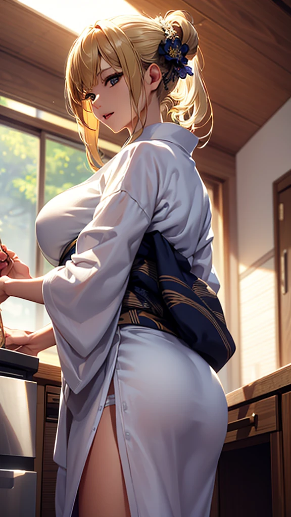 masterpiece, high quality, 4K, Beautiful design, silhouette,blonde, Very detailed,kitchen, wonderful, Finer details, Very knowledgeable woman, Very detailedなソロ, 1 female,Big Breasts,Butt,Underwear Line,Yukata in white color,Cooking,
