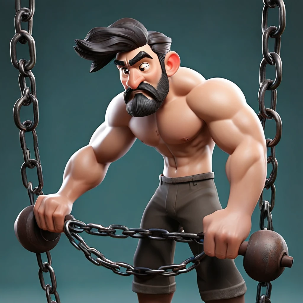 create a man image that will pull iron bolls which connected to iron chains