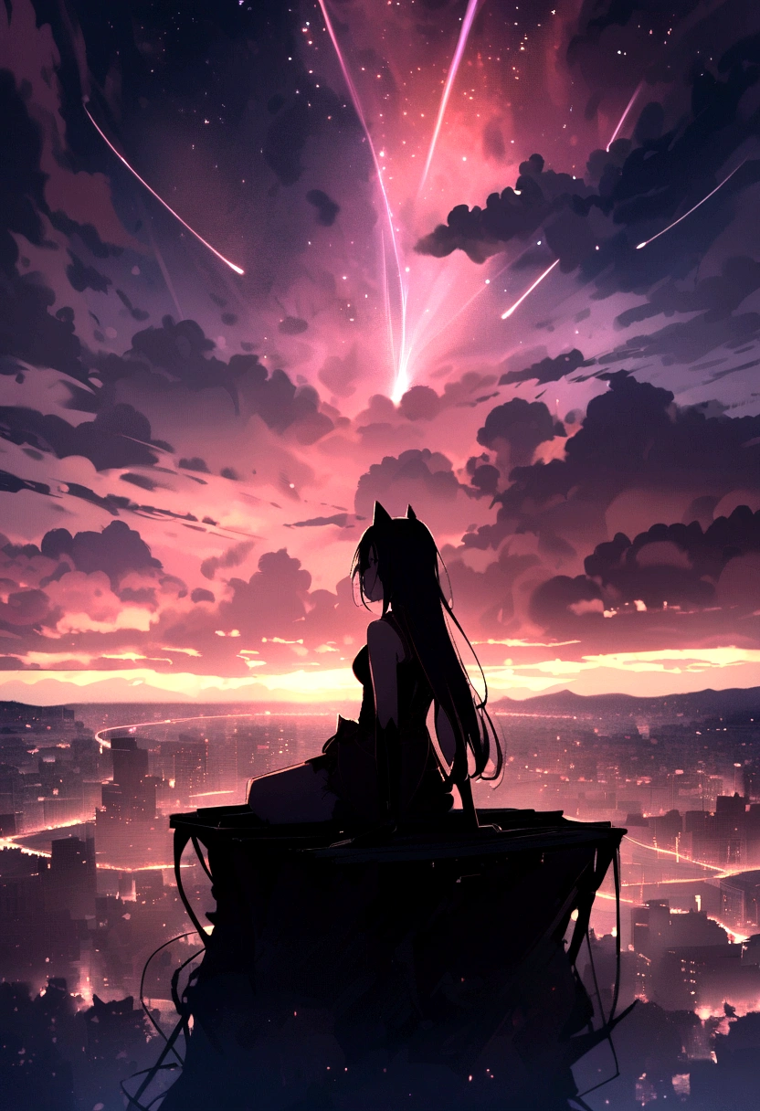 (red tint、pink),Octane, null, performer(null), landscape, 星null, night,( One Girl,一匹のCat、I'Being there for you:1.5),(I'Being there for you:1.3),Cat,nightnull, alone, Outdoor, built, cloud, shooting star,sit, wood, Hair length, city, silhouette, 都city景観,From behind、beautiful