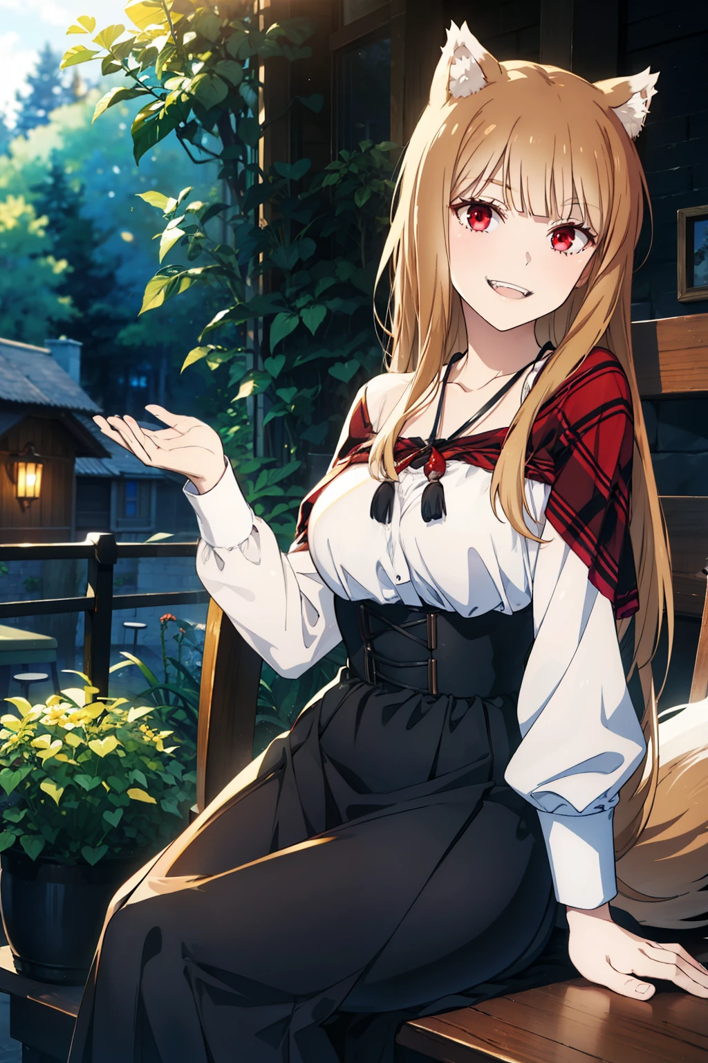 best quality,masterpiece,Dynamic lighting, (Holo of Spice and Wolf),wearing a long skirt,long sleeves,My shoulders are exposed,bust,Sitting on a chair,a bewitching laugh,wave your right hand and say hello,tail,Fangs that appear to be teeth,wooden table in front,sitting on a wooden chair,looking at the viewer,smiling brightly,afternoon,middle age,village inn restaurant