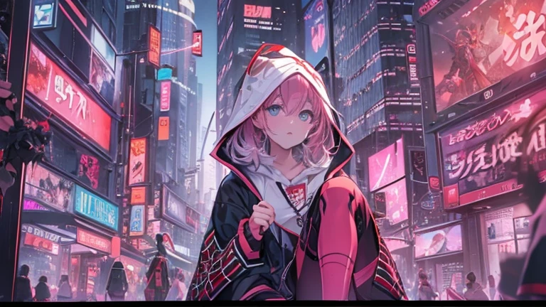 ((masterpiece、highest quality))Cyberpunk City、Spiderman：Spider-Verse, Woman in hoodie, Spider-Gwen, Spider-Gwen, Spider - Gwen, Very exquisite work of art, Lost draw digital painting, :: Lost draw, Gwen Stacy, Artjam and Athi Gairan, Style Art Bacteria, Lost draw global illumination, 8k art germany bokeh、Close-up face