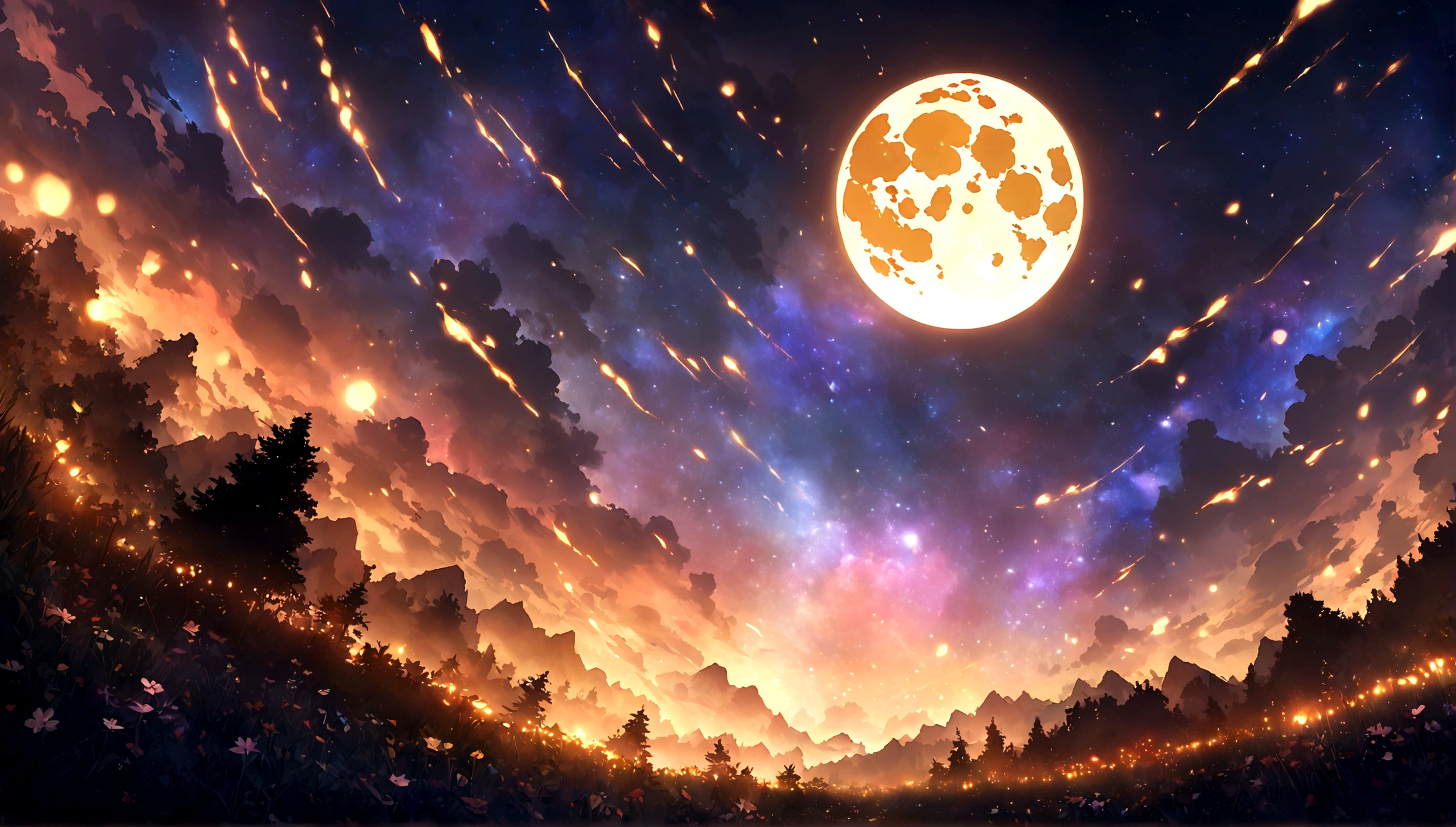 Vast landscape photography, (A view from below of the sky and wilderness below), Standing in a flower garden and looking up, (full moon: 1.2), (shooting star: 0.9), (nebula: 1.3), Distant Mountain, Treebreak Production Art, (Warm light source: 1.2), (fire Fly: 1.2), lamp, Purple and Orange, Intricate details, Volumetric Lighting Break (masterpiece: 1.2), (highest quality ), 4K, Super detailed, (moving composition: 1.4), Extremely detailed and colorful (Iridescent: 1.2), (Sparkling Lights, Atmospheric lighting)