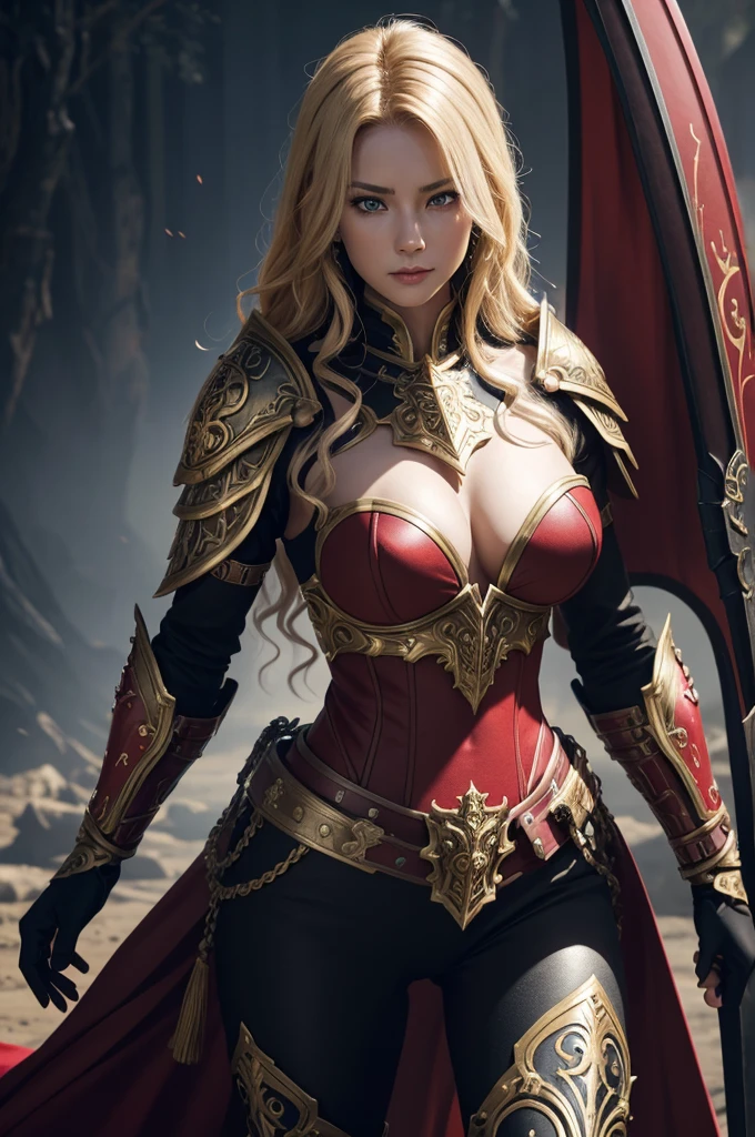 8K,paladin with sword,Gorgeous black and red oversized chest armor(The elaborately crafted coat of arms of a nobleman),Classy black and red pants,very beautiful(Like the real thing),ultra high resolution,surreal,realistic skin,blonde curly hair,big blue eyes,muscular and slim body,クールなlaugh,Purfluz,background,battlefield,Ornate black and red shoulder armor,Ornate black and red waist armor,Luxurious black and red instep,fantasy art,character art,Battle scenes,action scene,action pose,sexy cleavage,paladin,Looking down at her big cleavage from above,masterpiece,masterpiece,Realistic RAW photos of the highest quality。bright colors,rich colors, backlight, movie lights, film grain, born, 50mm lens, Nikon D850,realistic skin,fantasy art,character art,ultra high resolution,realistic scale skin,muscular and slim body를 지닌 마초,Severely torn abdominal muscles,golden eyes(golden glitter effect),Severely torn abdominal muscles(surrealな肌),laugh,dynamic pose,action pose,holding it for a long time, bayonet,