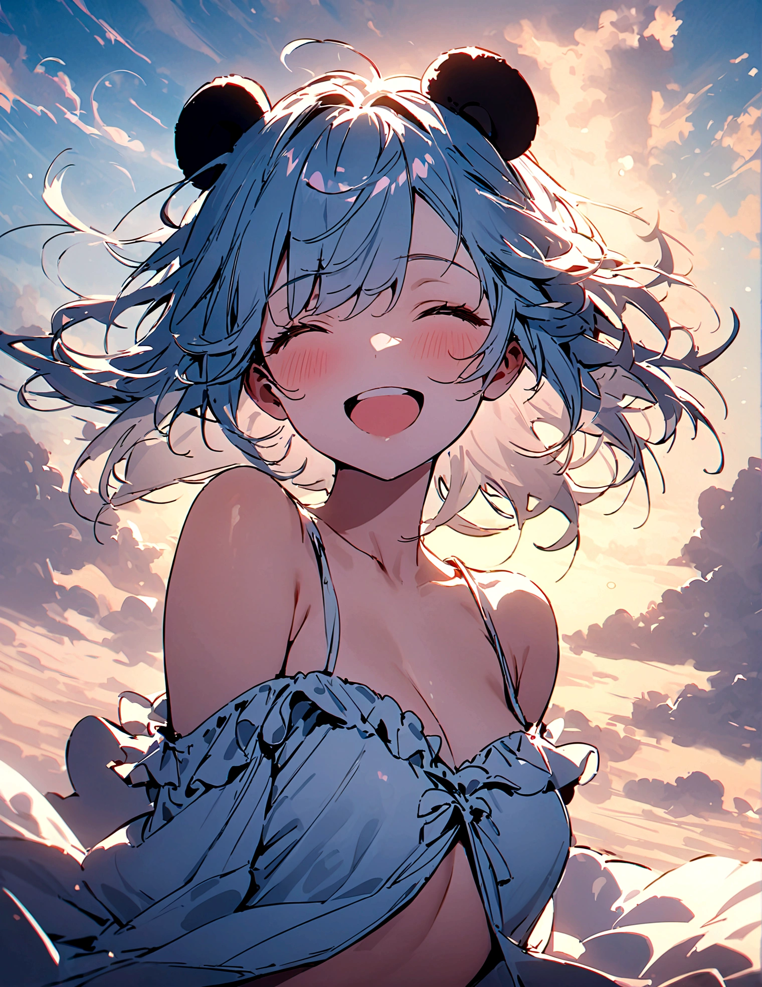 masterpiece, Top quality, Stills, A girl, (Floating in the air), cloud girl, cloud,bright, Happy, pleasure, Soft Light, Panda ears