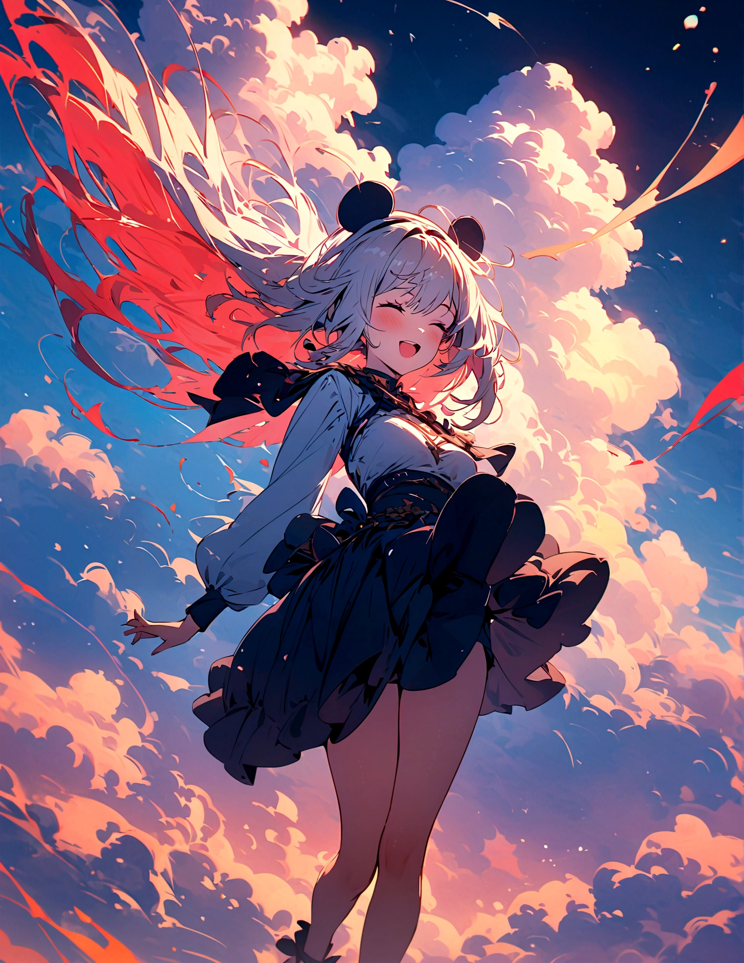 masterpiece, Top quality, Stills, A girl, (Floating in the air), cloud girl, cloud,bright, Happy, pleasure, Soft Light, Panda ears