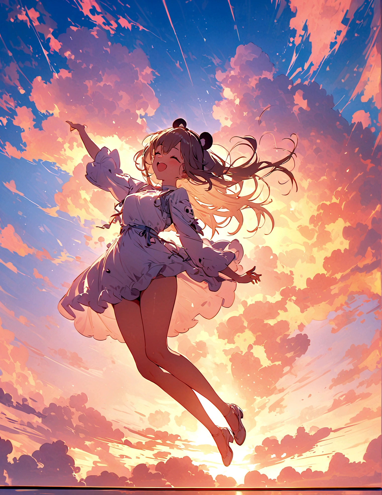 masterpiece, Top quality, Stills, A girl, (Floating in the air), cloud girl, cloud,bright, Happy, pleasure, Soft Light, Panda ears