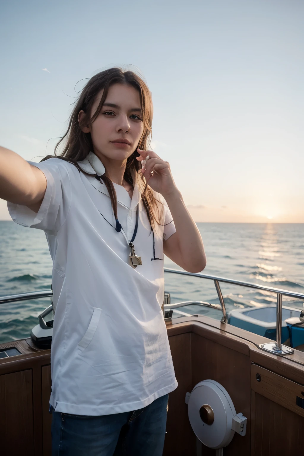 ((best quality)), ((masterpiece)), (detailed), A lonely maritime navigator,pointing the beach by hand,he is on the poor boat that is sailing in the sea