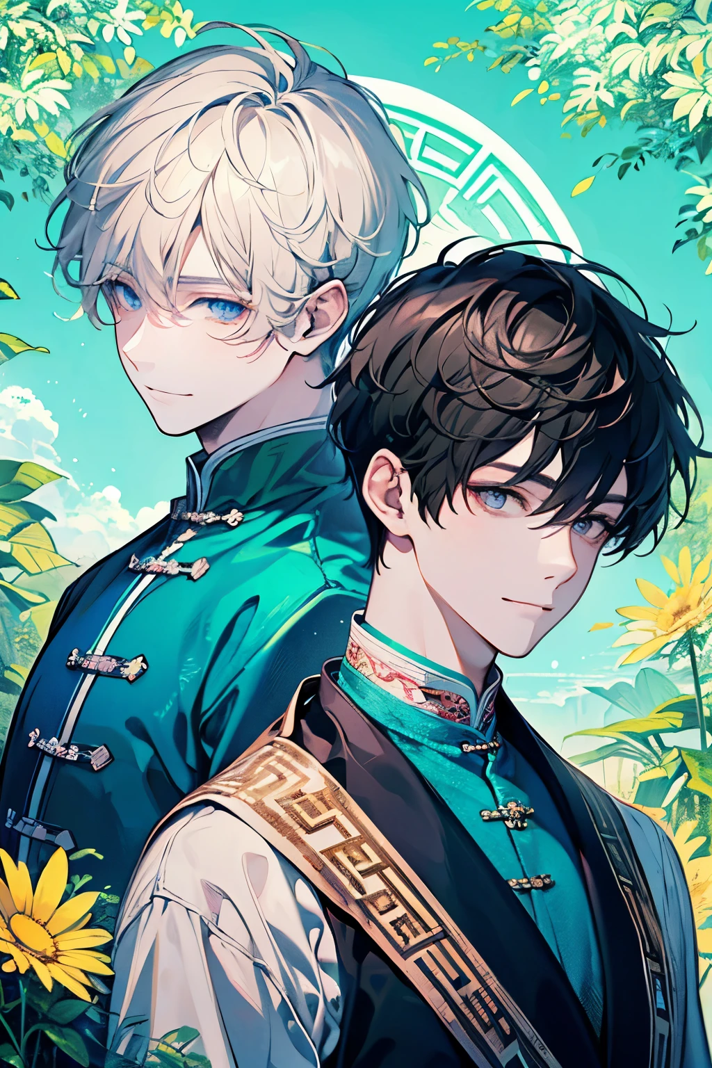 (men's:1.45)、(Two men facing each other:1.3)、(masterpiece、highest quality、highest quality、Beautiful and beautiful:1.2)、(Good anatomy:1.5)、Painting of a male with milky blonde long hair、(short hair:1.4)、Shy smile、Sparkling Eyes、dark eyes、looking at the camera、Emerging from among the flowers and leaves、(sunny days:1.45)、(Lightgreen、yellow、Blue、pink、black:1.2)、(Chinese concept:1.25)、A gentle smile