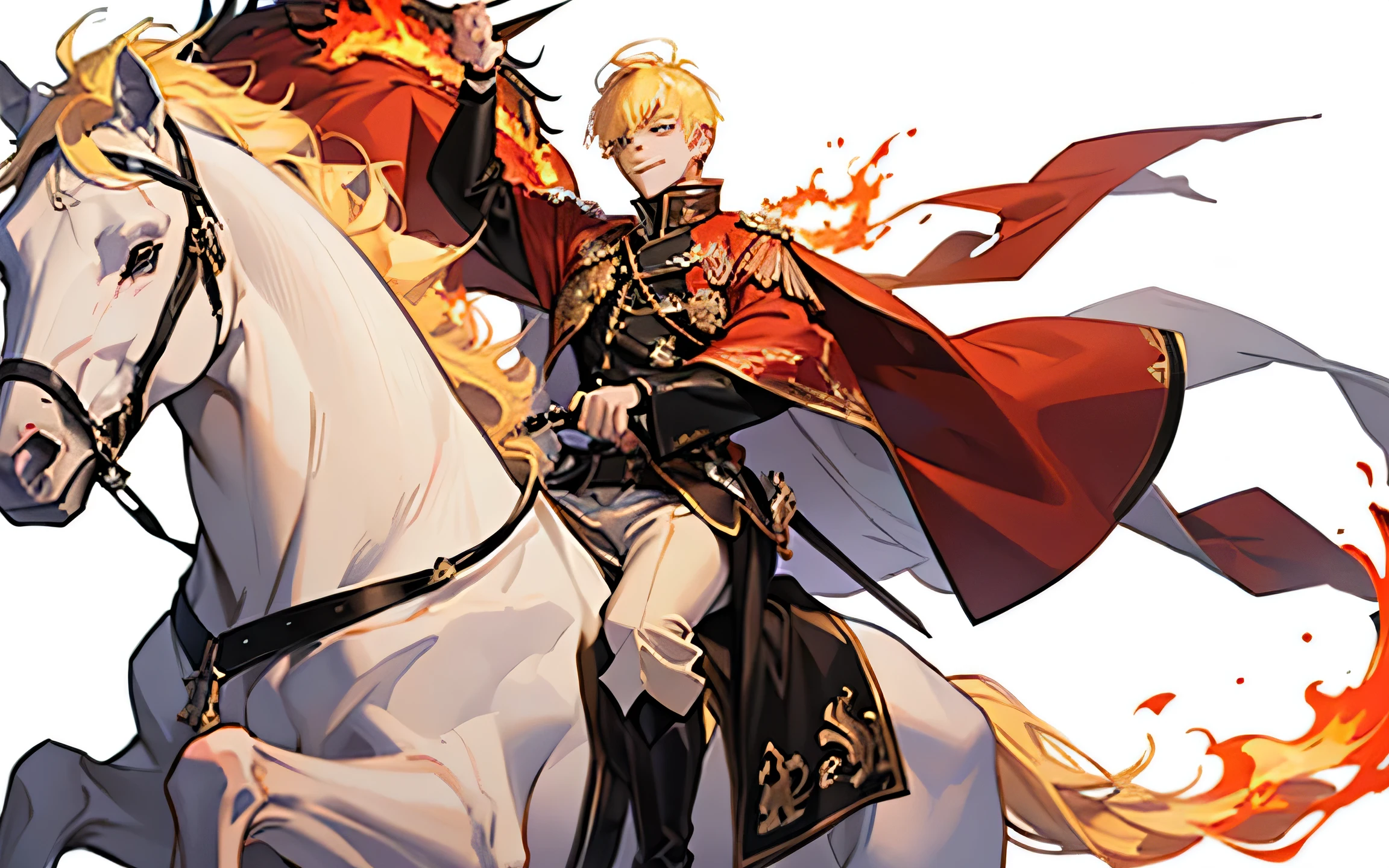 (1 Boy)、((White background))、Blonde、all back、(Flame Horse)、(Riding)、evil grin、Black Horse、front、look down