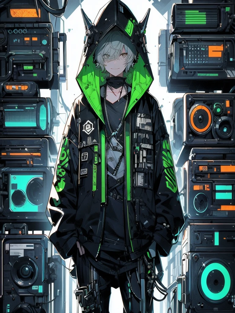 redraw this suit in high quality, detailed photo style on a white background,ouka_niji 5 girl beautiful inspired charlie bowater character cyberpunk- desenho no estilo de Mike Deotado, Androgynous niji 6 , man crazy smile, jacket, holding a neon black e blue, cube sticking --ar 9:16 --v 6.0, Ouka_Niji 5