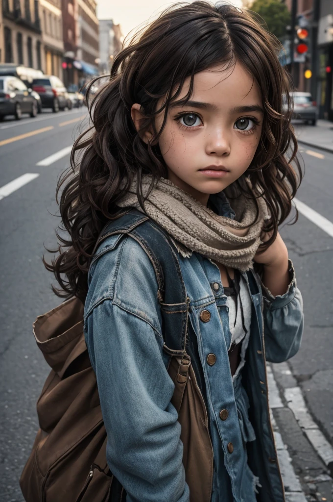 (model shooting style), sad little homeless girl ((wear old and torn clothes)), (shy), 1 woman, alone, brown, curly and messy hair, very detailed face, beautiful eyes, [chubby], Beloved, rosy cheeks and bright, Sad Eyes, amazingly beautiful, (rembrandt lighting), zeiss lenses, extremely realistic, (highly detailed skin:1.2), 8k words, DSLR, Dramatic Rim Light, high quality, Fujifilm XT3,