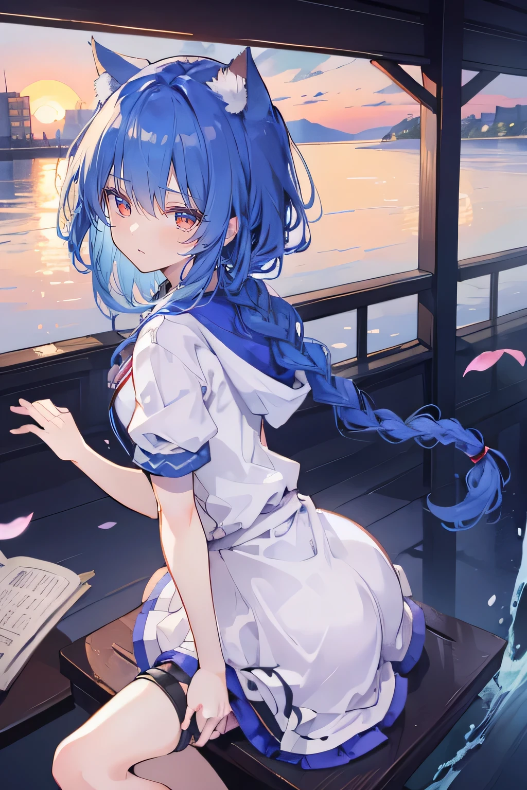 (masterpiece:1.2),Super detailed,lifelike,Expressive eyes,fair skin,perfect face shape,1 girl,
Japanese comics,Gorgeous blue hair,flowing blue hair,flowing clothes,Cat ears,Petals fall,beautiful lola,Baby Angel,sunrise,
Shaking head with one hand,Cross your legs,Gentle and peaceful background,The pavilion is cool and comfortable,smile, wearing hoodie, background of tokyo,back views,snowing, winter,seaside,wet clothes,A smile,A faint smile,fgo style,like \(destiny\), like Adult, hair length, underwear, masterpiece, Top quality, 1 Girl, looking at the audience,(((braid)))、shameful face、Embarrassed face、Long body、huge 、