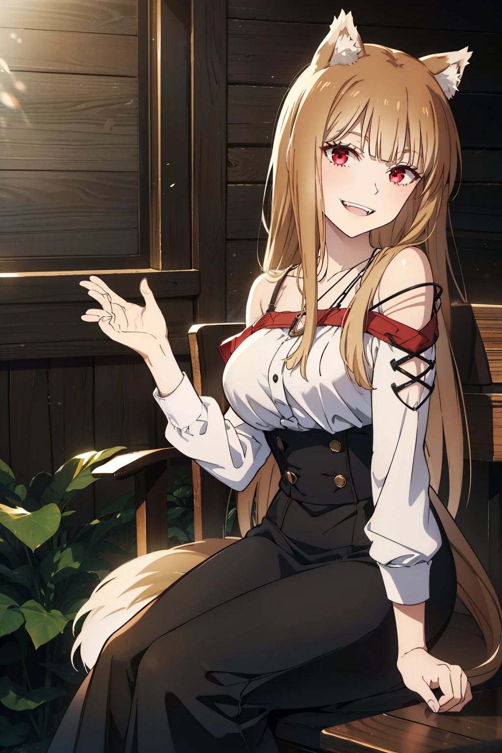 best quality,masterpiece,Dynamic lighting, (Holo of Spice and Wolf),wearing a long skirt,long sleeves,My shoulders are exposed,bust,Sitting on a chair,a bewitching laugh,wave your right hand and say hello,tail,Fangs that appear to be teeth,wooden table in front,sitting on a wooden chair,looking at the viewer,smiling brightly,afternoon,middle age,village inn restaurant