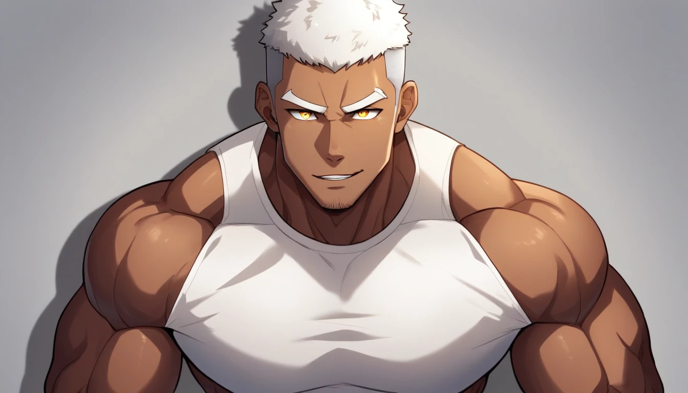 anime characters:Gyee, Fitness coach, Shining black skin, 1 muscular tough guy, Manliness, male focus, Cream White Sleeveless Tight T-Shirt, Very tight, The pectoral muscles are oversized, Slightly transparent, muscular male, muscular, only, Upper body, alone, White short hair, Thick eyebrows, stubble, Yellow eyes, Grey background, simple background, amazing quality, best aesthetics, Ridiculous, bright pupils, crew cut, parted lips, seductive smile, torogao, naughty face, drop shadow, best quality