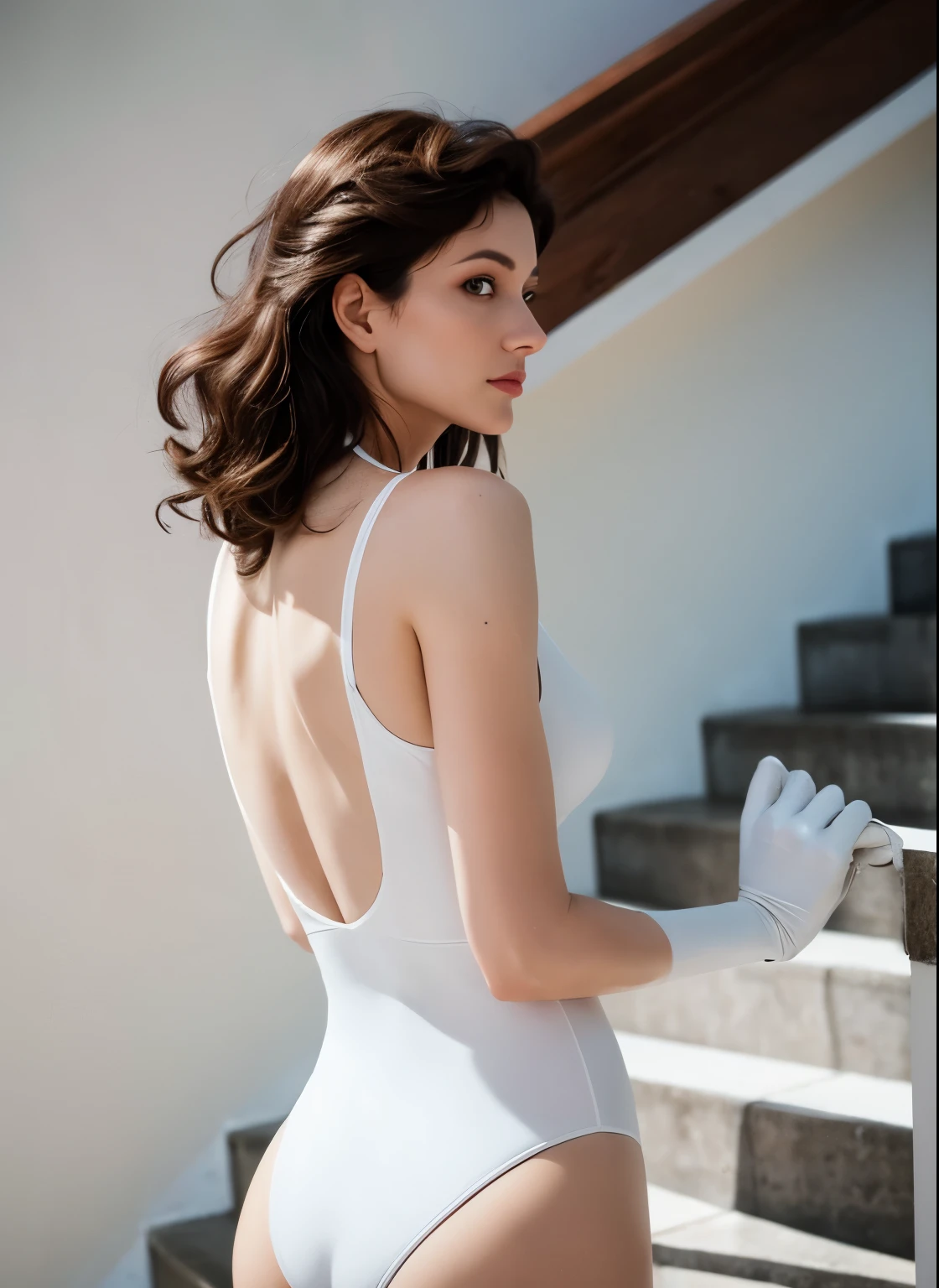 arafed woman in a White bodysuit posing on a stair, Wearing a white leotard, Angelina Stroganova, Victoria Gavrilenko, Beautiful face with arms and legs, Anastasia Ovchinnikova, Legs and arms, Elena Belova, profile image, Olga Buzova, Magdalena more often, White body, By Matiya Jama