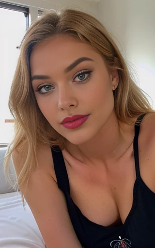 belle blonde habillé pyjama en soirée rouge et noir yeux bleus femme magnifique