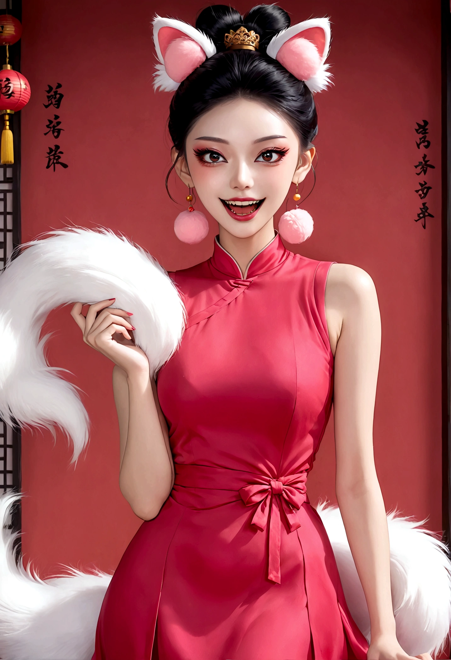 《Daji》Beautiful face，beautiful eyes，Pink Eyeshadow，laughing out loud，Fangs，(((1 big, fluffy tail)))，Black high bun，Pink pompom earrings，Sexy red sleeveless Chinese dress，