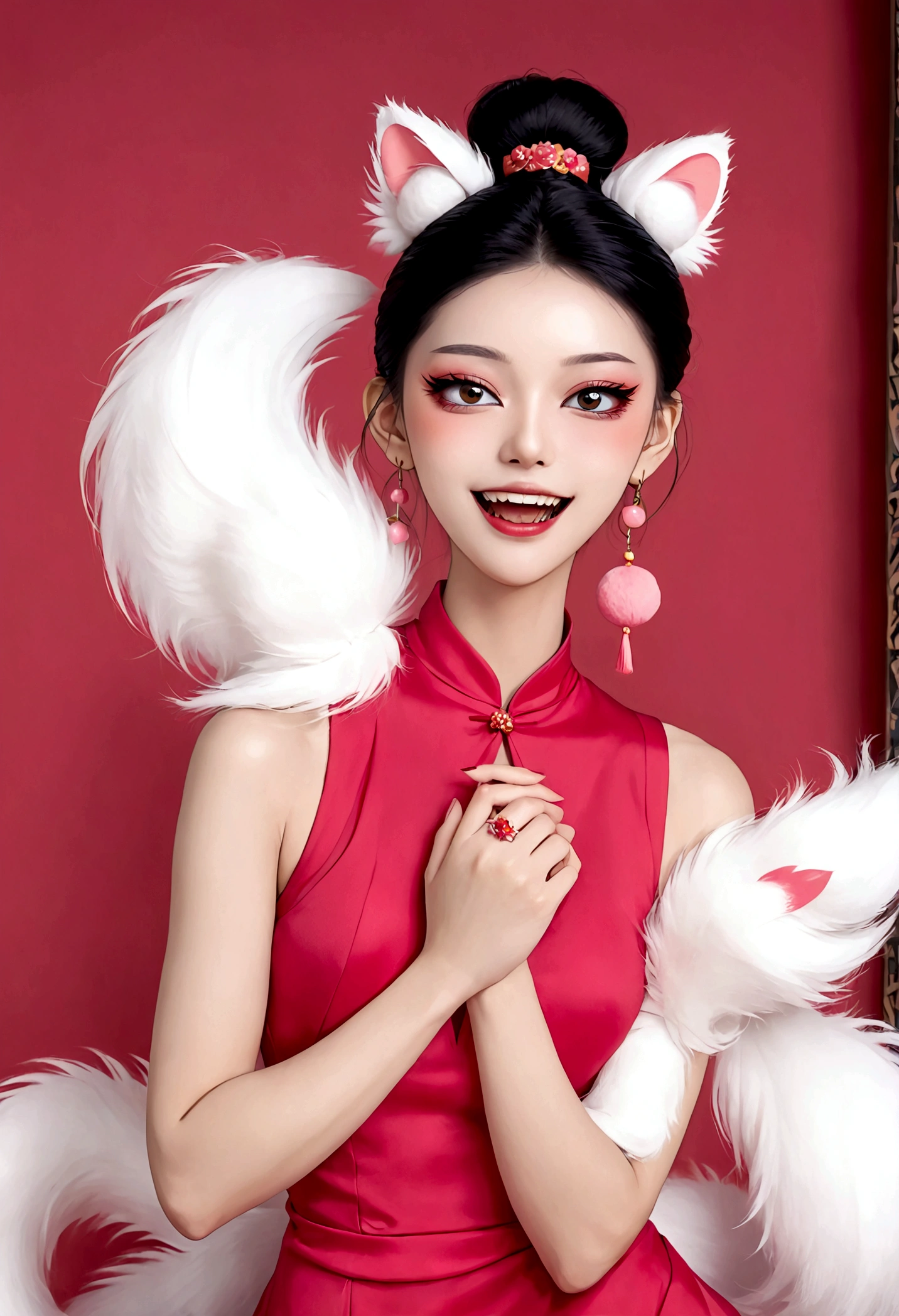 《Daji》Beautiful face,beautiful eyes,Pink Eyeshadow,laughing out loud,Fangs,(((1 big, fluffy tail))),Black high bun,Pink pompom earrings,Sexy red sleeveless Chinese dress,
