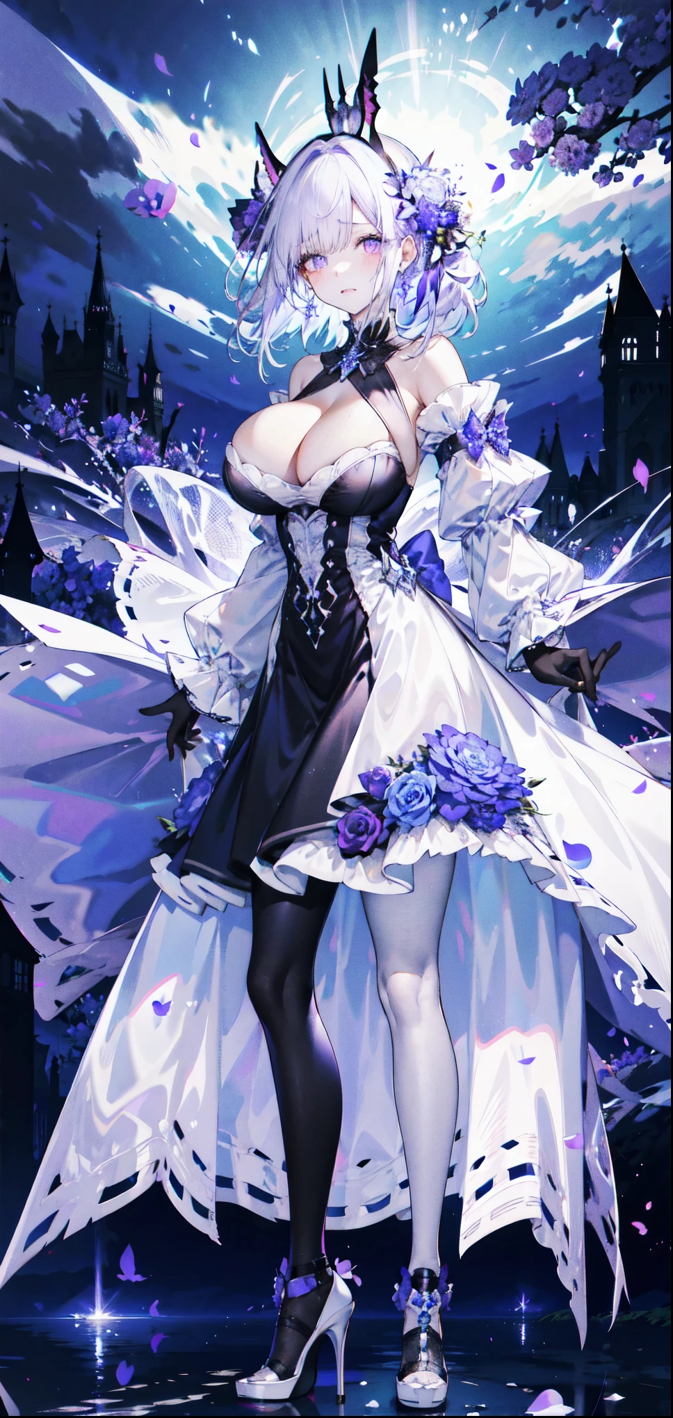 ((masterpiece:1.4,best quality)),(Super detailed),(Extremely detailed eyes),(black leggings,Shiny socks:1.5),Hello Darkness
(Cute girls),,(Blood-red pupils,Diamond-shaped pupil:1.15),Purple Eyeshadow,(elongated hair,Thick hair,Single ponytail,shiny hair:1.5)(Changes through:1.2),despair,sad,Empty eyes,tears streaming down my face,tilting its head to the side,
(She wore a blue dress,:1.5),(Black gloves:1.4)Very long plush sleeves,White,White Cloud,Dream bubbles ,Ice and glitter effects
(Black long skirt:1.1),
((Starry Sky:1.2)),
(Intense black and white:1.16),(Depth of Field:1.4),,Intricate details,(((Detailed background,Castle in the Sky,Purple flowers by the lake))),(((Huge breasts,Bare breasts,Deep cleavage,White stiletto high heels)))
