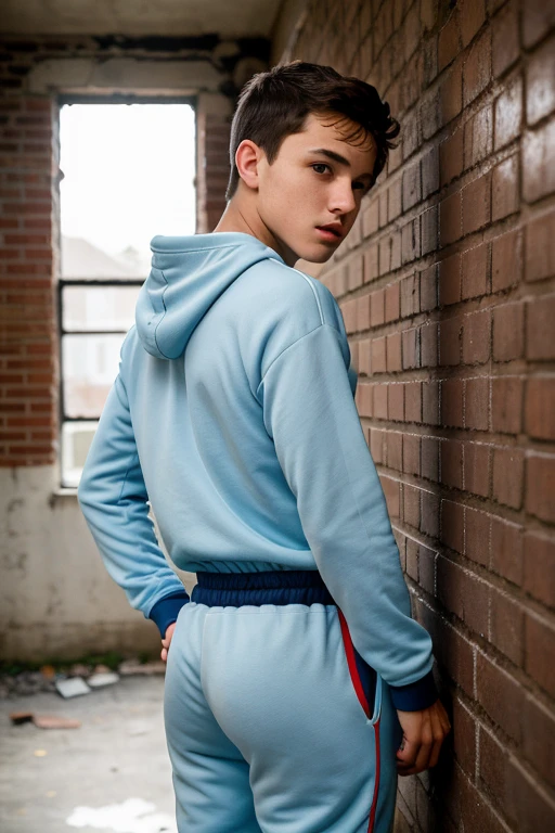 A young boy in light blue tracksuit sweatpants from behind, Sexy pose, Bent forward, In pain, Biting bottom lip, Looks worried, Teenung, Round face, Round chin, Big round eyes, Small nose, Light brown hair, Messy hair, Dark brown eyes, Tan skin, Slender body, Plump booty, Round booty, booty, Sexy booty, Plump ass, Sexy ass, Tracksuit boy, Young boy, Teen boymboy, Twink, Solo 1 boy, In an old abandoned laboratory, Abandoned, Scary, Brick Walls, Laboratory, Ultra-detailed, Best quality, Ultra-realistic, High quality