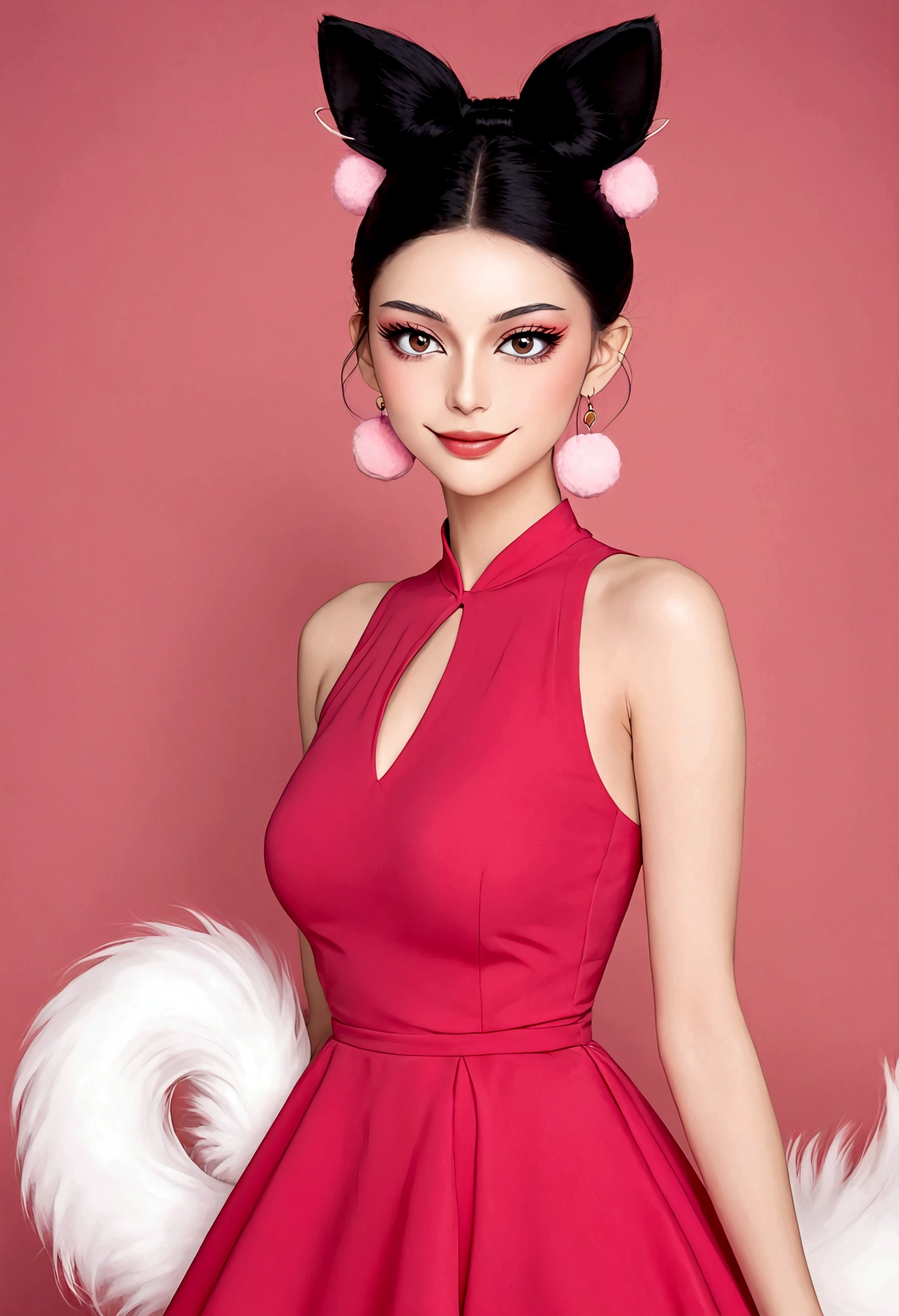 Beautiful face，beautiful eyes，Pink Eyeshadow，Smile，blush，(((9 big, fluffy tails)))，Black high bun，Pink pompom earrings，Sexy red sleeveless dress