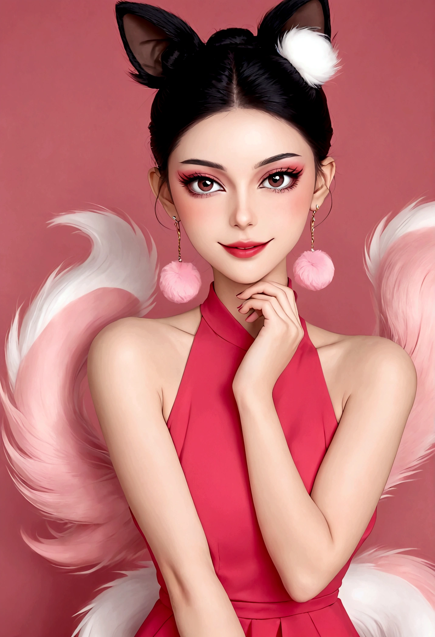 Beautiful face，beautiful eyes，Pink Eyeshadow，Smile，blush，(((9 big, fluffy tails)))，Black high bun，Pink pompom earrings，Sexy red sleeveless dress