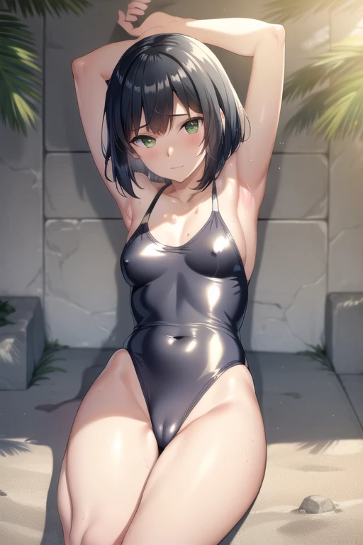 gold, Shiny swimwear, sunlight, Armpit sweat, Primary school students, Voluptuous, Bob, Black Hair, Open your legs a little