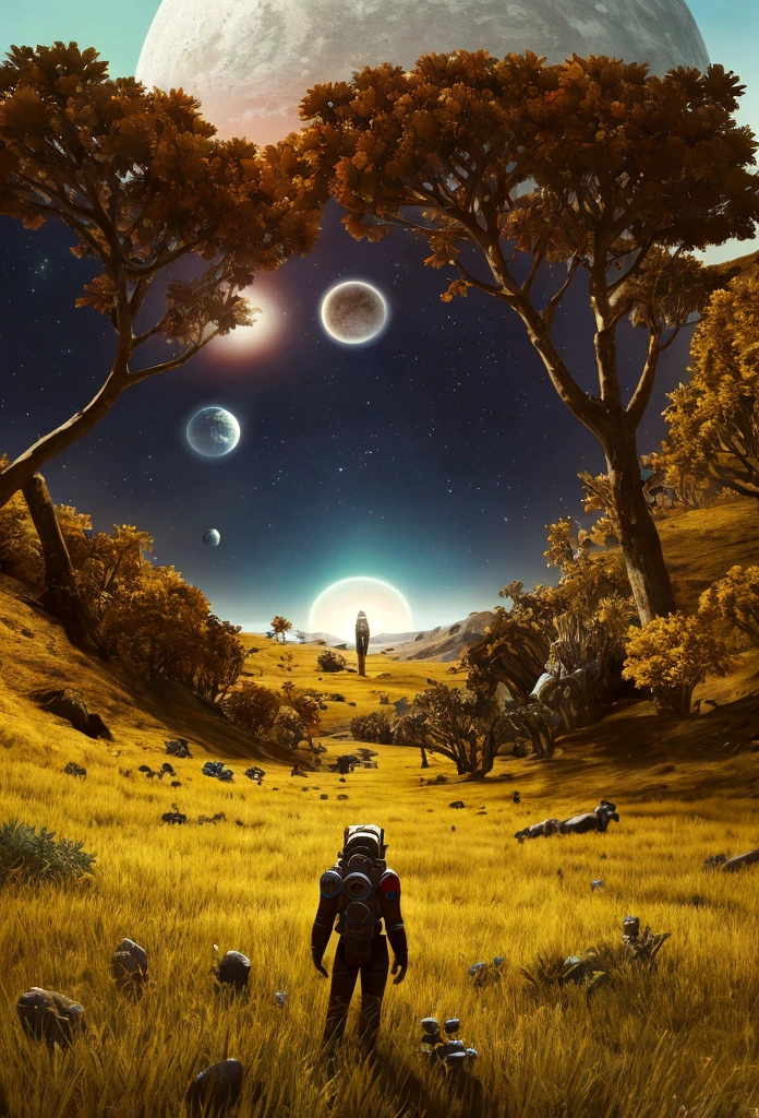 an astronaut standing in a lush field, nomanssky style wallpaper, 4K high resolution concept art beautiful masterpiece,abstract dream, space, intricate, large scale, alone, cinematic film still, Insane detail, sharp focus, depth of field , realistic lighting, (realistic perspective), complex, (multiple subjects), 4k HDR,