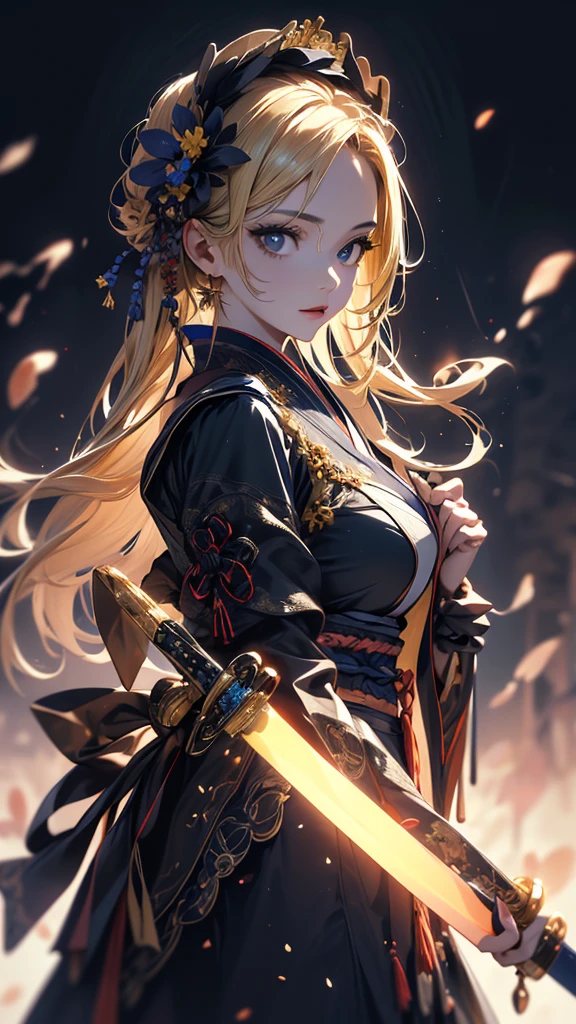 masterpiece, high quality, 4K, Beautiful design, silhouette,blonde, 非常に詳細な夜のStarry Sky,Flower Field, wonderful, Finer details, Very knowledgeable woman, Highly detailed solo, 1 female,Big Breasts,Gothic Lolita Fashion,Japanese sword,Lock,Night view,Starry Sky,full moon,