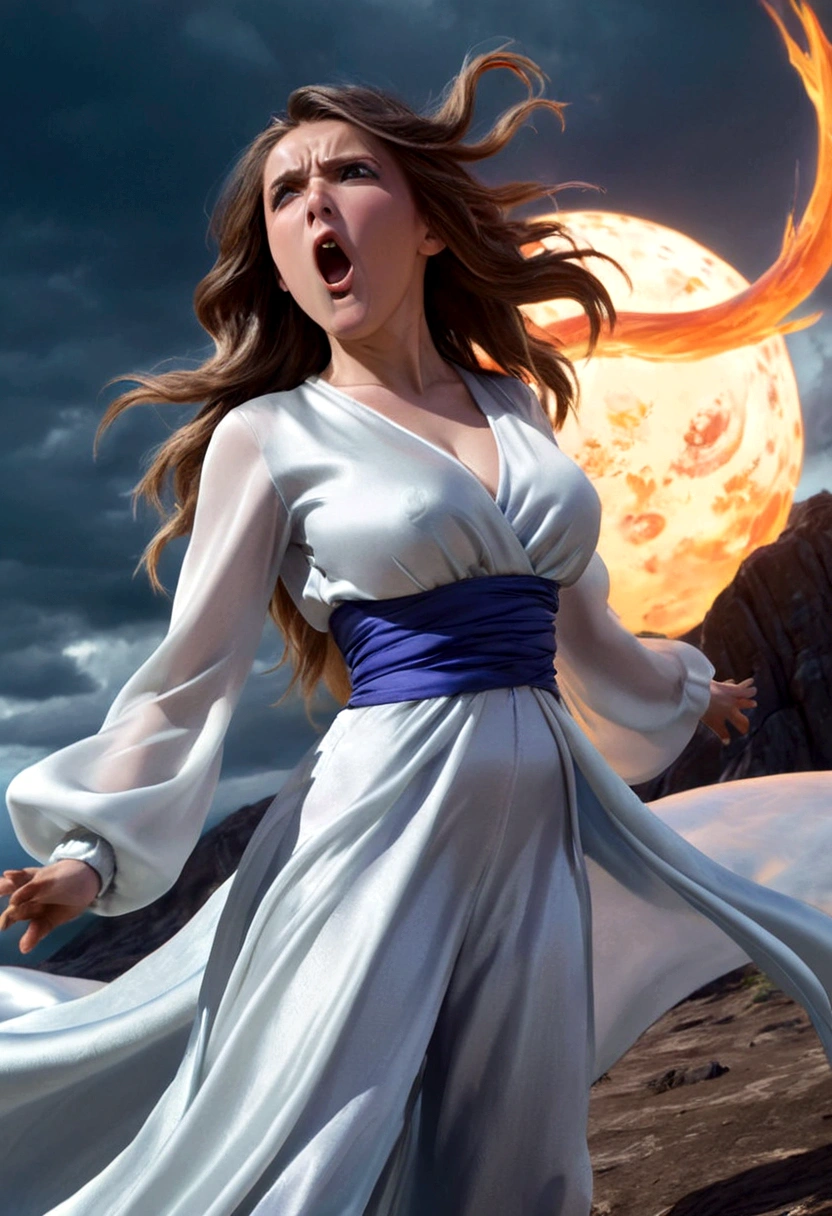 a woman with flowing sheer silk clothes, yelling as she summons a dragon ball, blasted moonscape, highly detailed, 8k, photorealistic, cinematic lighting, dramatic, powerful, energetic, athletic, young female, detailed face and eyes, flowing hair, dramatic pose, powerful energy, dragon ball, blasted moonscape, dramatic sky, glowing energy, cinematic, epic, stunning, masterpiece
