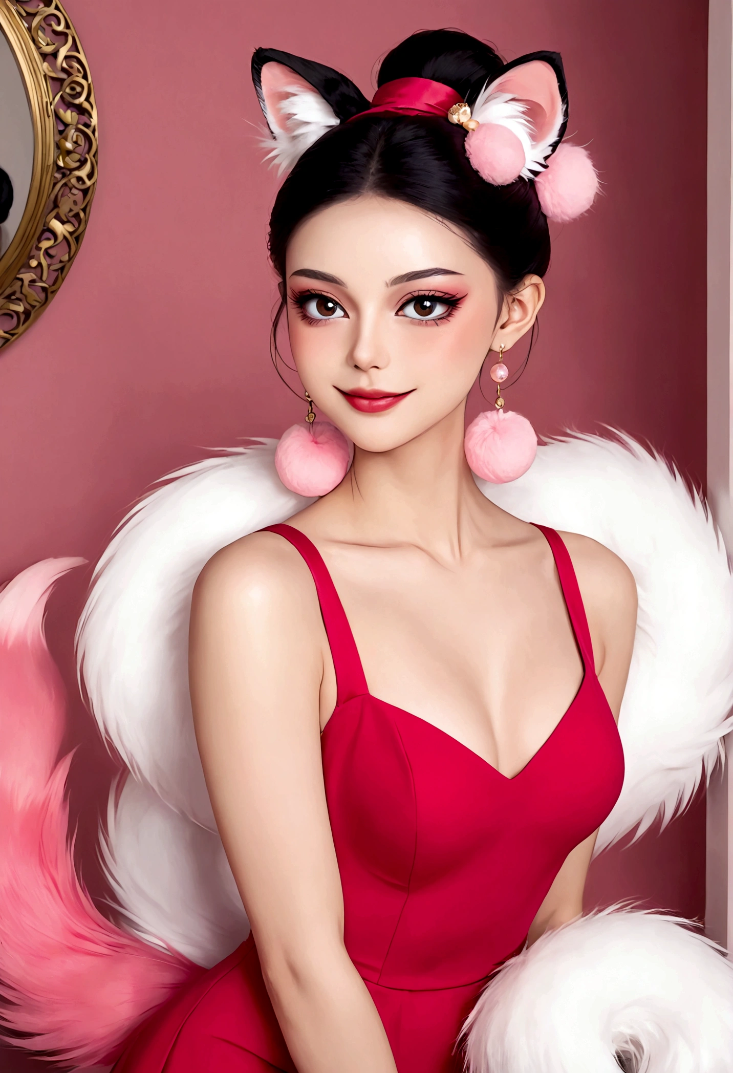 Noble and elegant girl，Beautiful face，beautiful eyes，Pink Eyeshadow，blush，Smile，(((1 big, fluffy tail)))，Black high bun，Pink pompom earrings，Sexy red sleeveless dress