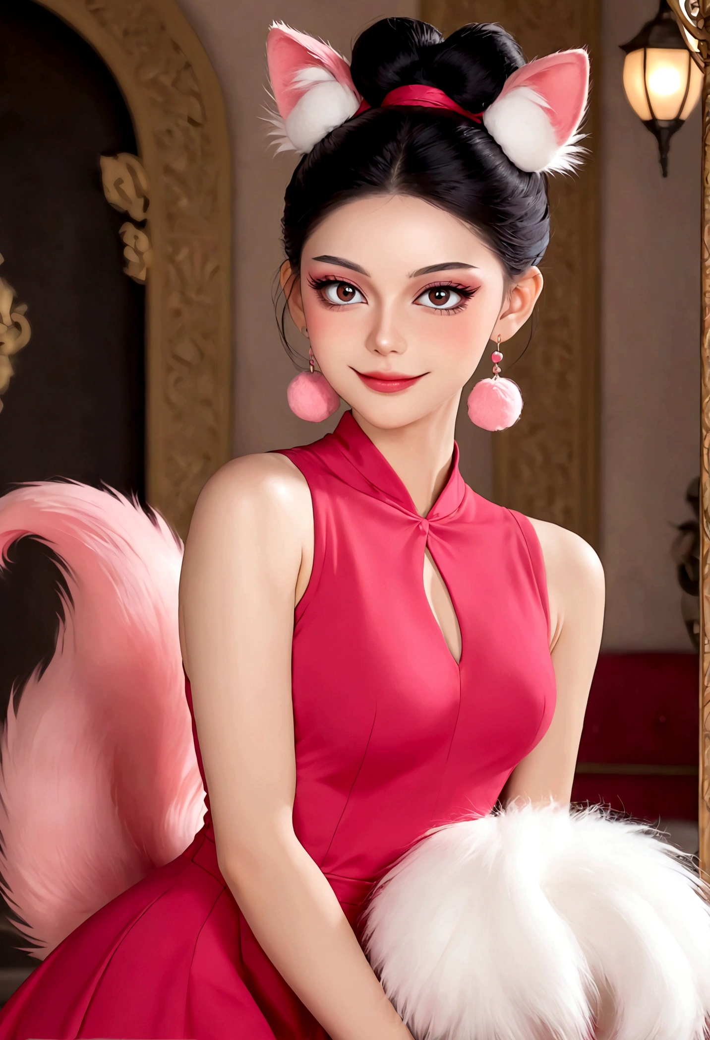 Noble and elegant girl，Beautiful face，beautiful eyes，Pink Eyeshadow，blush，Smile，(((1 big, fluffy tail)))，Black high bun，Pink pompom earrings，Sexy red sleeveless dress