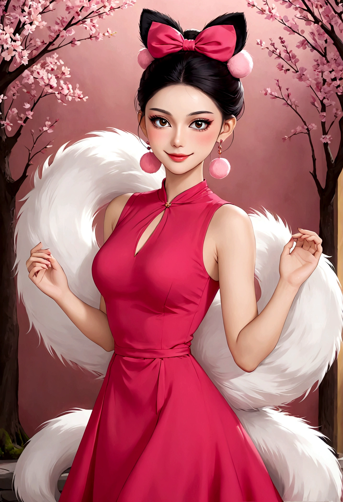 Noble and elegant girl，Beautiful face，beautiful eyes，Pink Eyeshadow，blush，Smile，(((1 big, fluffy tail)))，Black high bun，Pink pompom earrings，Sexy red sleeveless dress