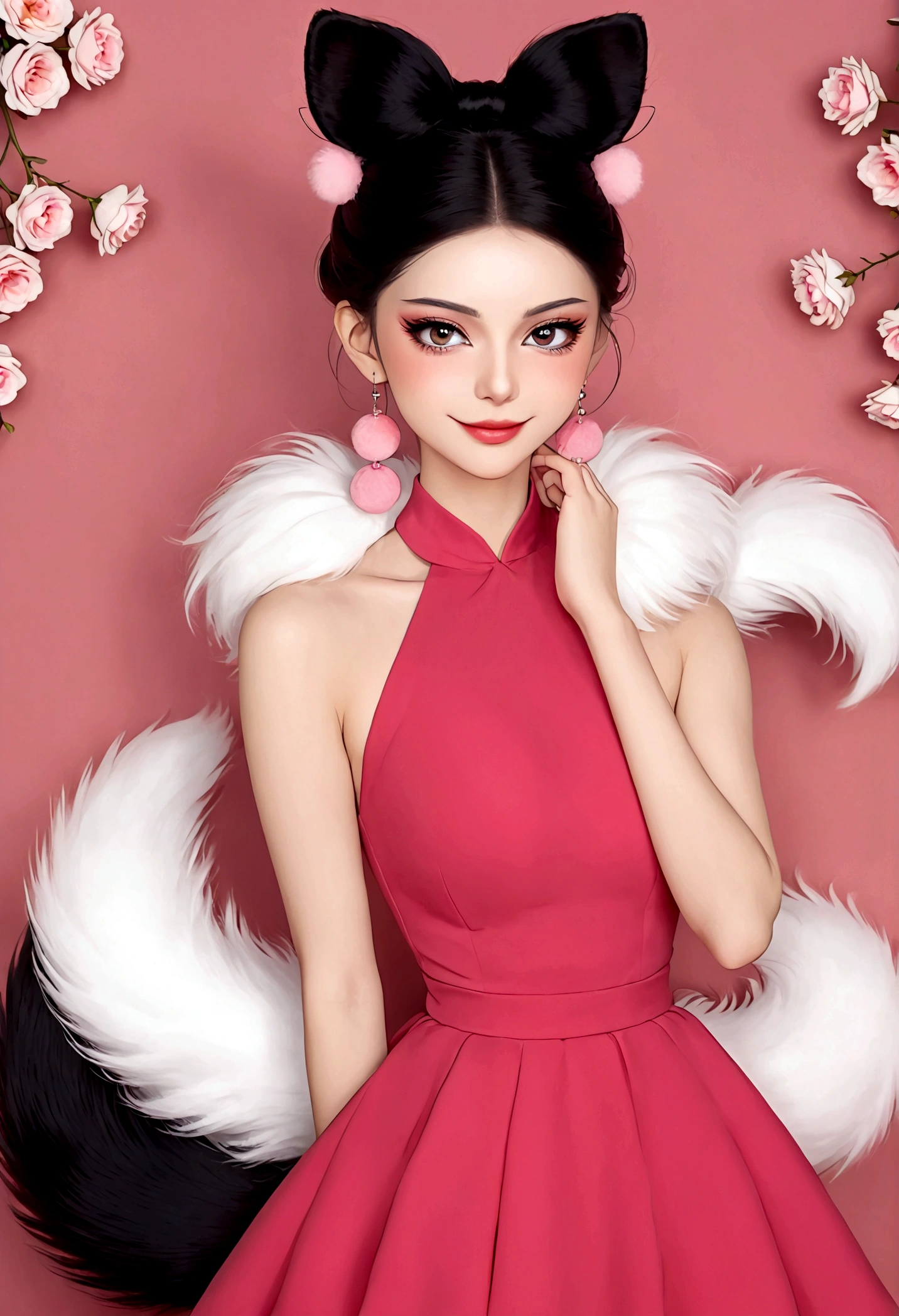Noble and elegant girl，Beautiful face，beautiful eyes，Pink Eyeshadow，blush，Smile，(((1 big, fluffy tail)))，Black high bun，Pink pompom earrings，Sexy red sleeveless dress