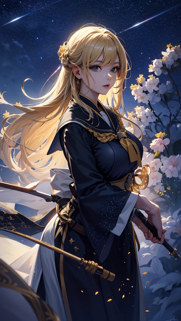 masterpiece, high quality, 4K, Beautiful design, silhouette,blonde, 非常に詳細な夜のStarry Sky,Flower Field, wonderful, Finer details, Very knowledgeable woman, Highly detailed solo, 1 female,Big Breasts,Sailor suit,Night view,Starry Sky,full moon,