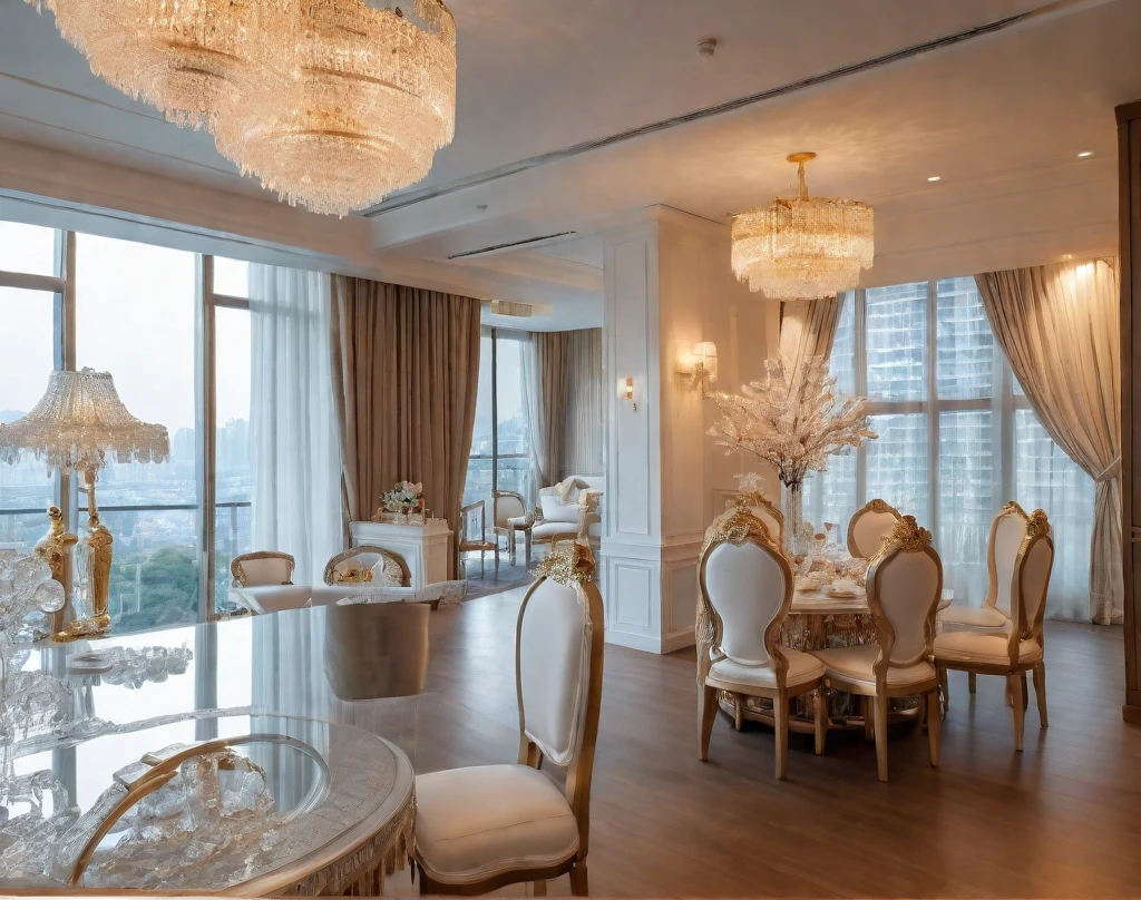 ,Masterpiece, Best quality,8K, Ultra-high resolution,When you step into the dinning room of restaurant room,Immediately surrounded by a rich atmosphere of luxury。Ornate crystal chandeliers hang high on the wall,Shine brightly。the space was covered with a soft white fluffy blanket,It is so comfortable,So much so that you can't help but indulge in it。Embellished with precious porcelain and white-off gold ornaments。Whenever it is late afternoon,The afterglow from the window spilled on the floor,Soft light and shadow are reflected,It was as if entering a dreamland. ((Wooden chair and table : 1.3)), MIRROR COVER THE COLUMN
