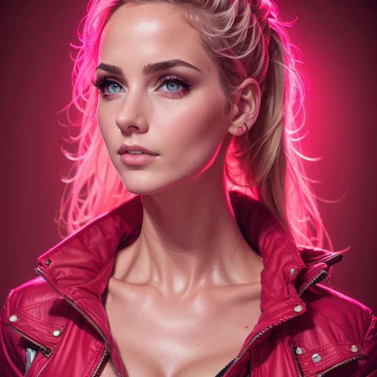 1girl, jacket, lips, nose, realistic, red background, room with pink lights, solo, upper body, small breasts, detailed eyes, detailed, visual art, high quality, 8k, big portrait photography