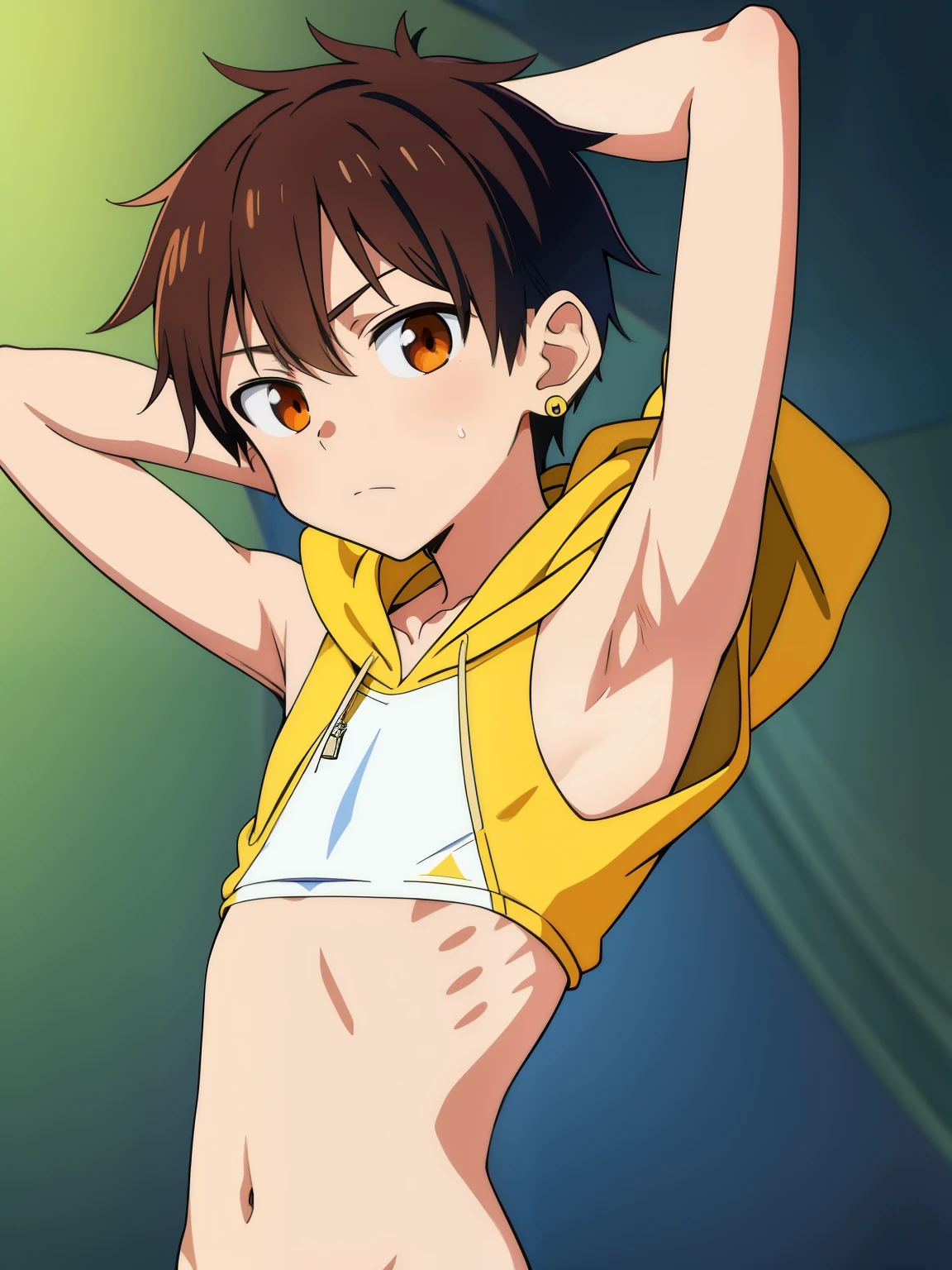 Highres, Masterpiece, Best quality at best,Best Quality,hight quality, hight detailed, anime style, 1boy, Shota, earring, seductive pose, Sleeveless hoodie, Upper body, Slim body, (Showing armpit:1.3), (very young boy), (very small and short body), 12-year-old boys, Collarbone, Seen from front, uhd