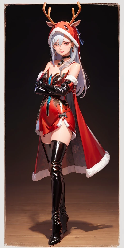 (((1 girl))) long straight hair, earrings, glossy lips ,reindeer costume, black thigh-high boots, leather choker neck bell, arms crossed black elbow gloves, smile, looking at viewer, cowboy shot, full body photo