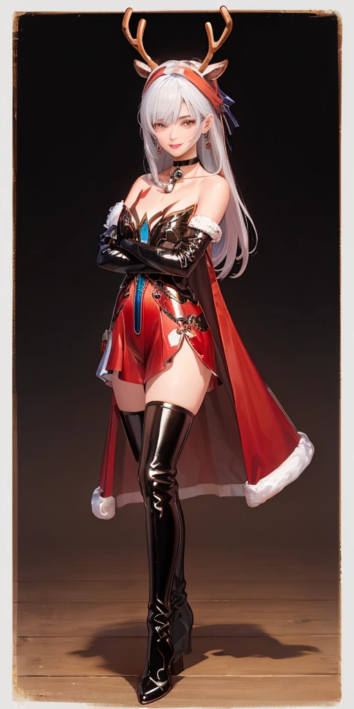 (((1 girl))) long straight hair, earrings, glossy lips ,reindeer costume, black thigh-high boots, leather choker neck bell, arms crossed black elbow gloves, smile, looking at viewer, cowboy shot, full body photo