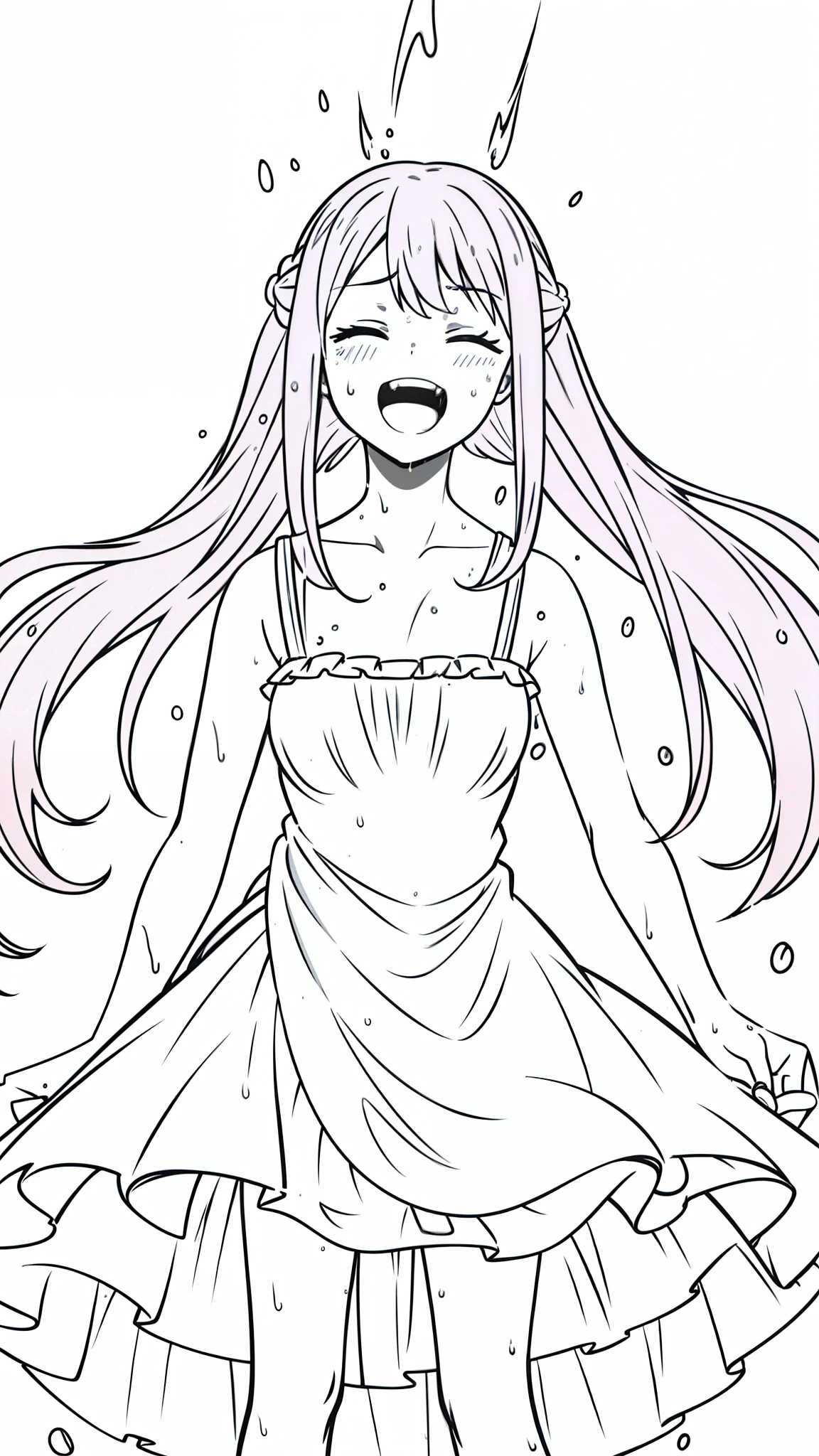 (1girl,,solo),pink hair,long hair,twintail,(medusa hair),mini dress,sleeveless,(white background,line drawing),((wet,wet dress,wey hair,laughing)),from front,closed eyes,outstretched hand,pov