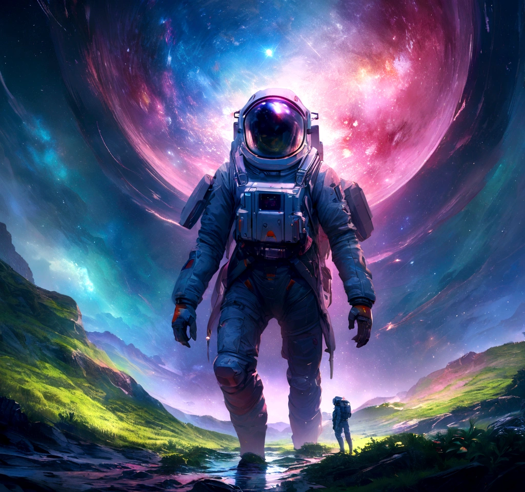 an astronaut standing in a lush field, nomanssky style wallpaper, 4K high resolution concept art beautiful masterpiece,abstract dream, space, intricate, large scale, alone, cinematic film still, Insane detail, sharp focus, depth of field , realistic lighting, (realistic perspective), complex, (multiple subjects), 4k HDR,