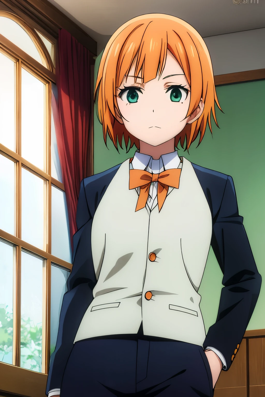 anime, detailed,short orange hair, green eyes, gray pants, his gray gakuran uniform 