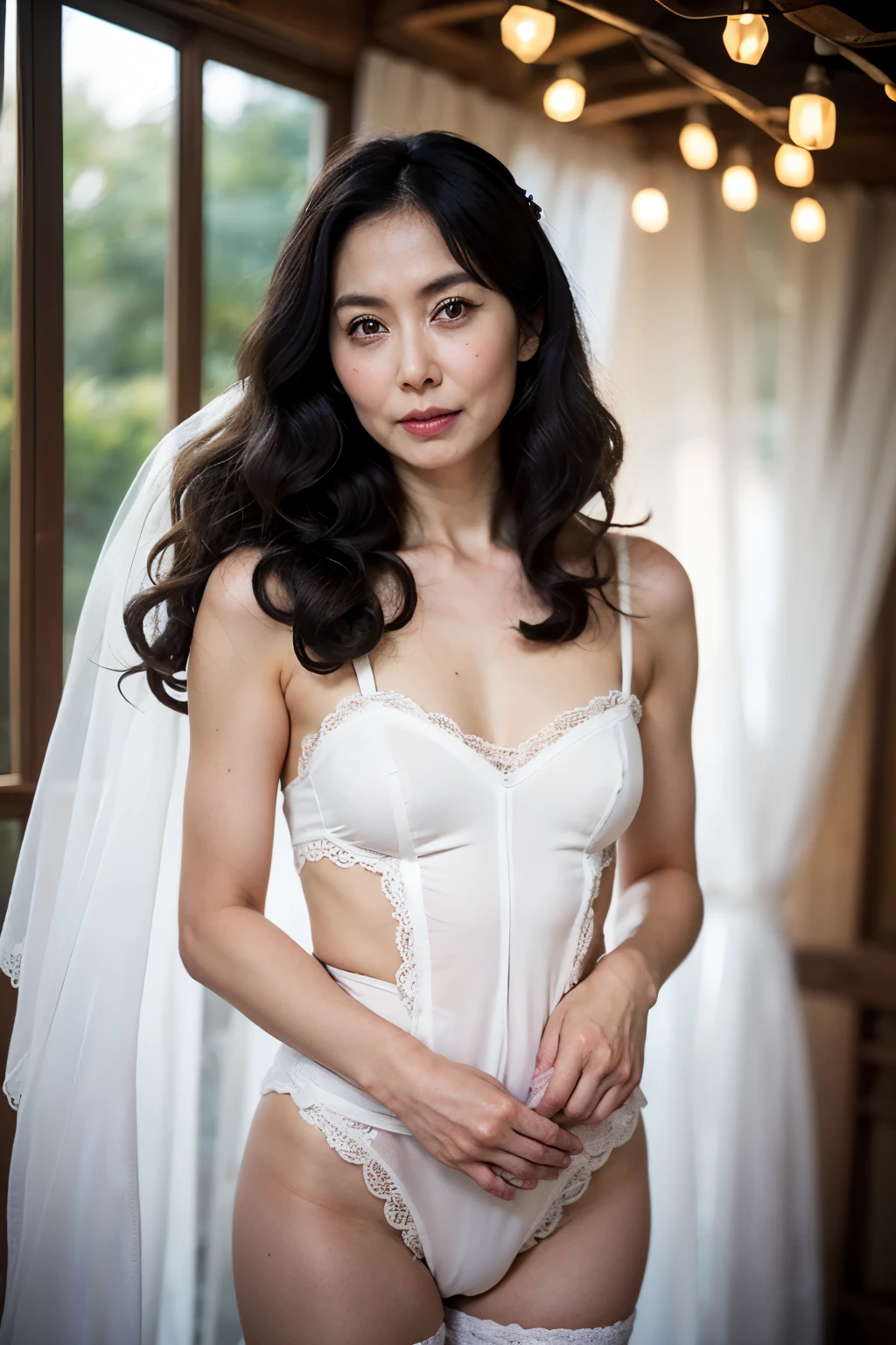 NSFW, photorealistic, 1 Japanese married woman, 47yo, small panty, hairy, small sagged breasts, medium wide hips, thigh highs, Layering petticoat dress , white Silk petticoat , 2 sets of shoulder straps, Bunty, wrinkles on the face, transparent sparkle eyes, wrinkles at the corners of the eyes, A slightly gloomy look, mouth slightly open, Looking diagonally forward to the left, Long wavy hair, double upper eyelid,