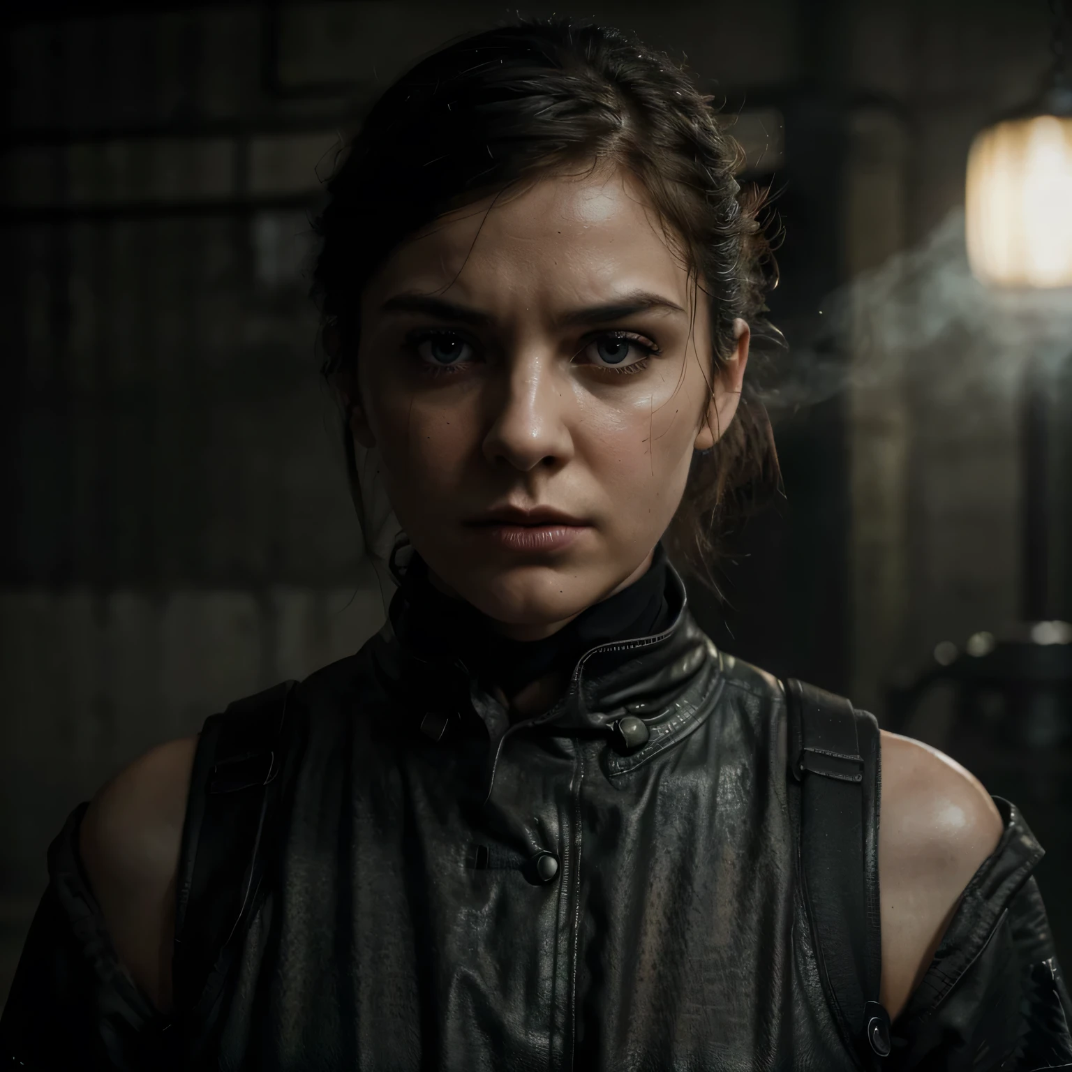 (Best quality, Highres, Ultra-detailed:1.2), HDR, muted colors, close-up shot, intense eyes, deep-set eyes, furrowed brows, thin lips pressed together in a firm line, disdainful expression, pale skin with signs of emotion, high contrast lighting, dramatic shadows, photorealistic, film grain, isolated focus on the face, dramatic side-lighting, contrasting background, industrial setting, grungy walls, dimly lit, steam or fog emanating from a nearby source, proxy for steam adds a sense of unease, shoulders hunched, cold or indifferent demeanor, (disgusted look: 1.3