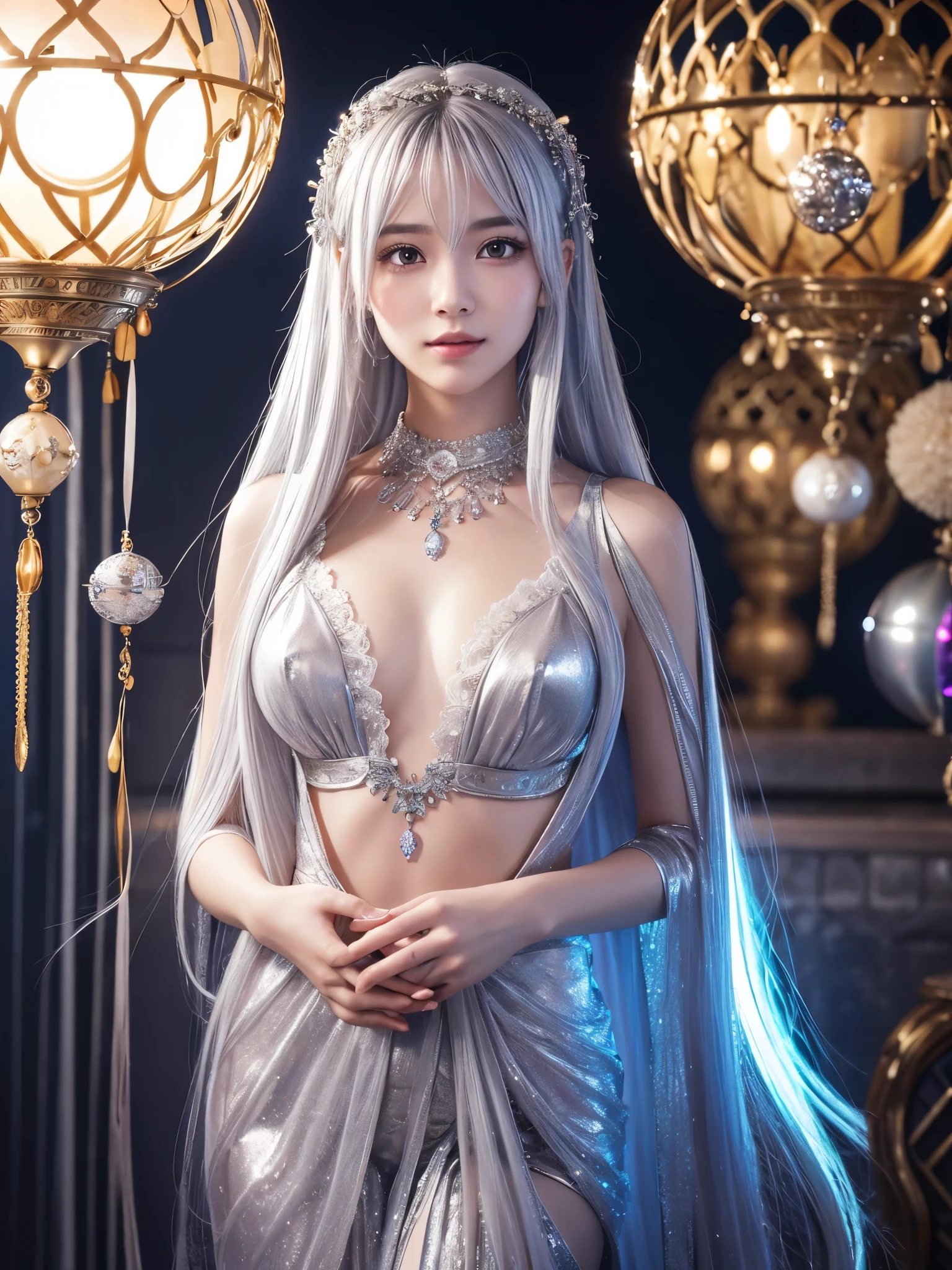 女god、Aphrodite、god々Shii、Facing forward、Hands clasped in front of chest、A sphere of light in your hand、Silver Hair、long hair、hair ornaments